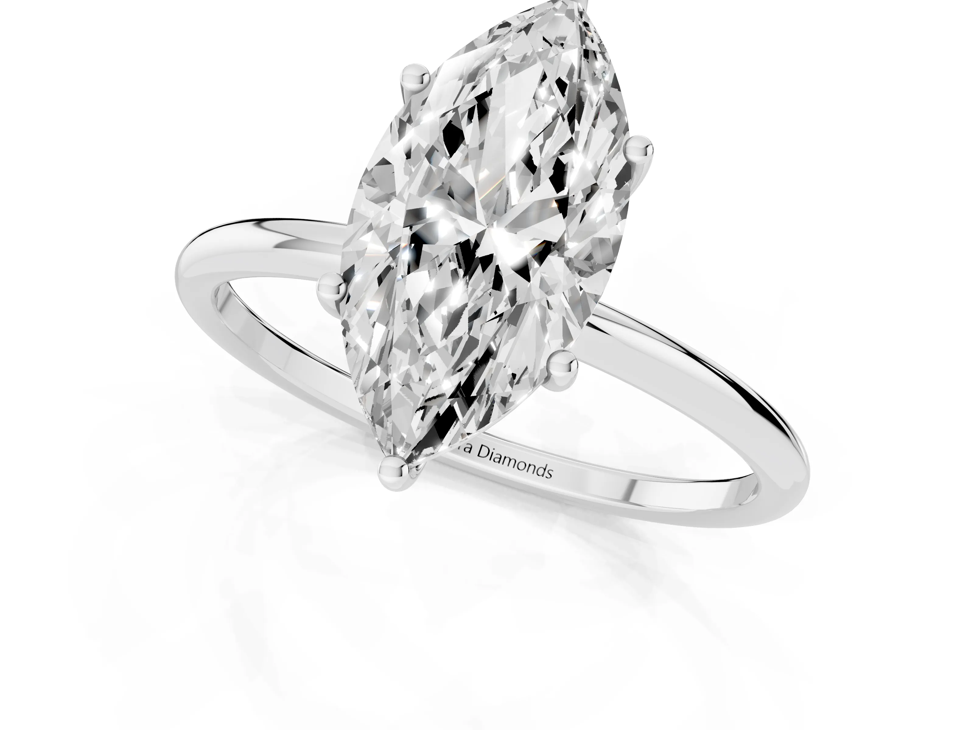 Marquise Cut Diamond Solitaire Engagement Ring Set in White gold with Thin Band and Prong Setting