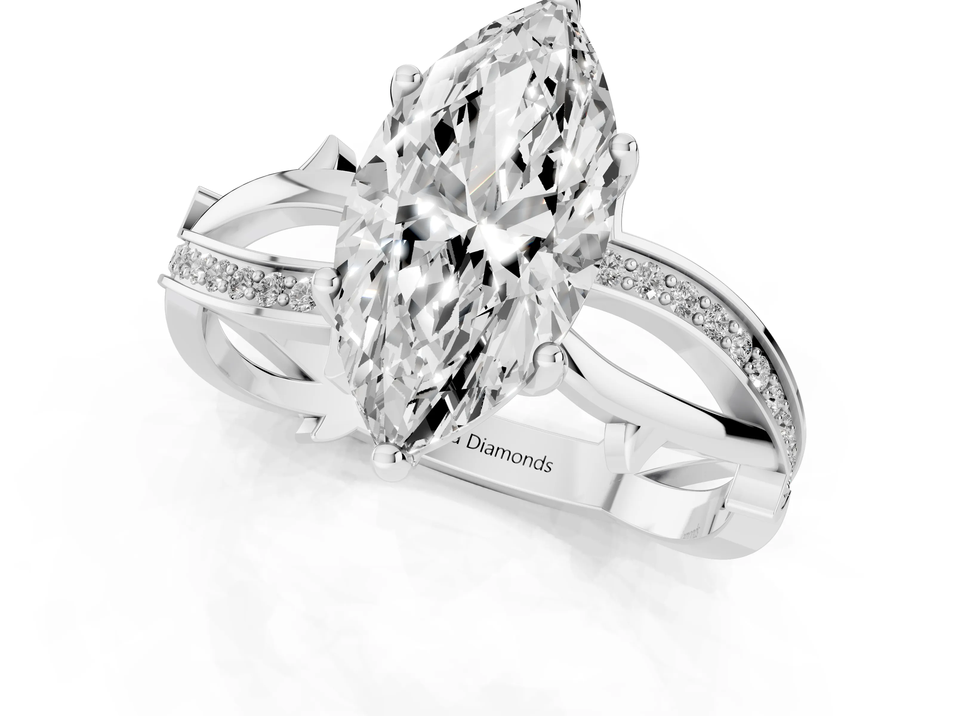 Marquise Cut Diamond Pavé Twist Band Solitaire Ring Set in White gold with Prong Setting