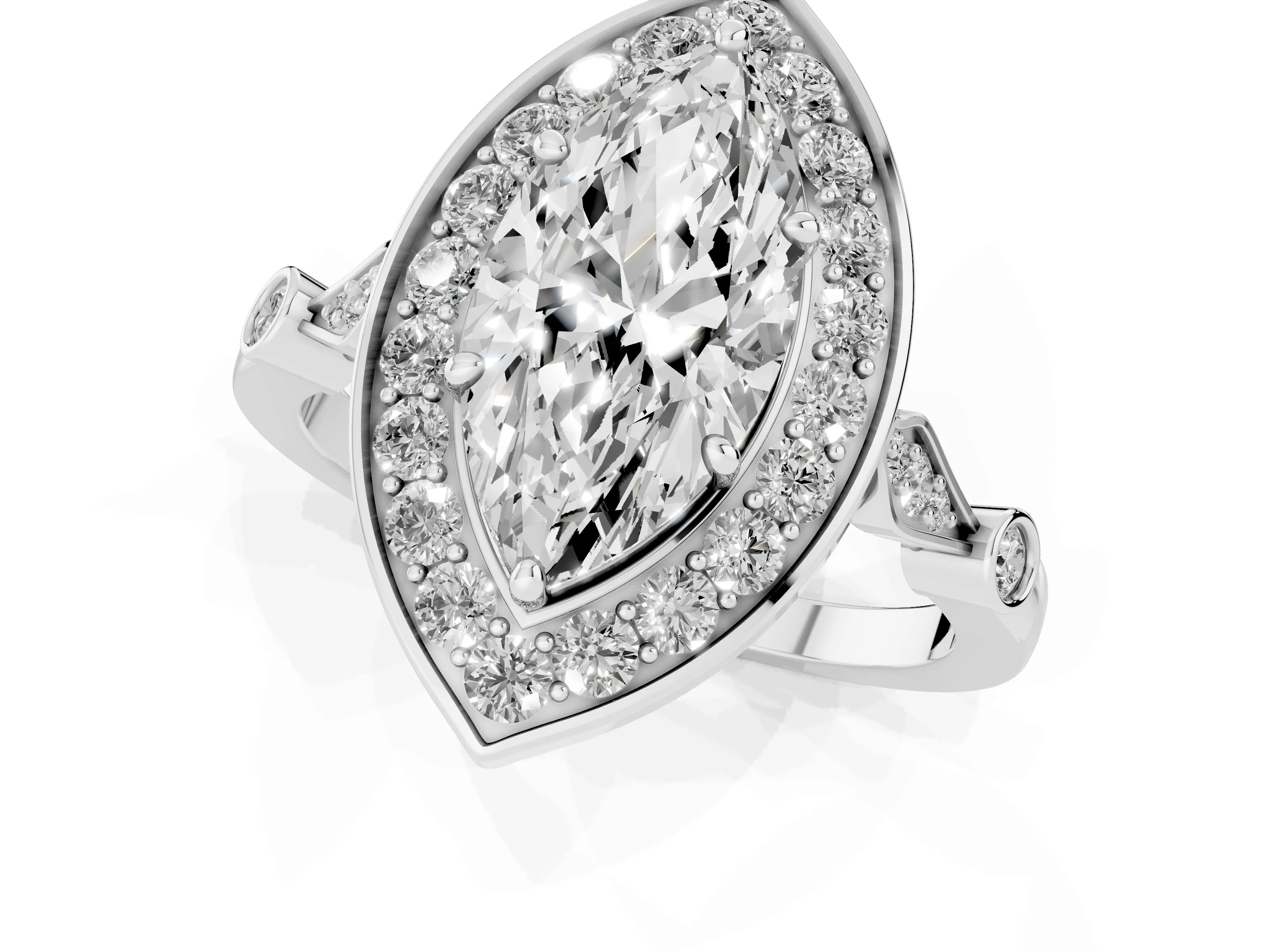 Marquise Cut Diamond Halo Engagement Ring Set in White gold with Twisted Band and Prong Setting – second view