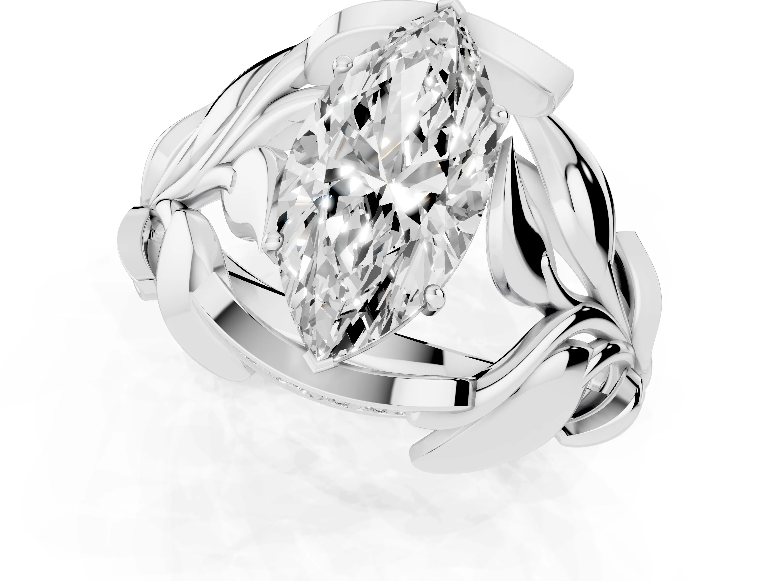 Marquise Cut Diamond Leaf-Inspired Engagement Ring Set in Platinum with Round Accents