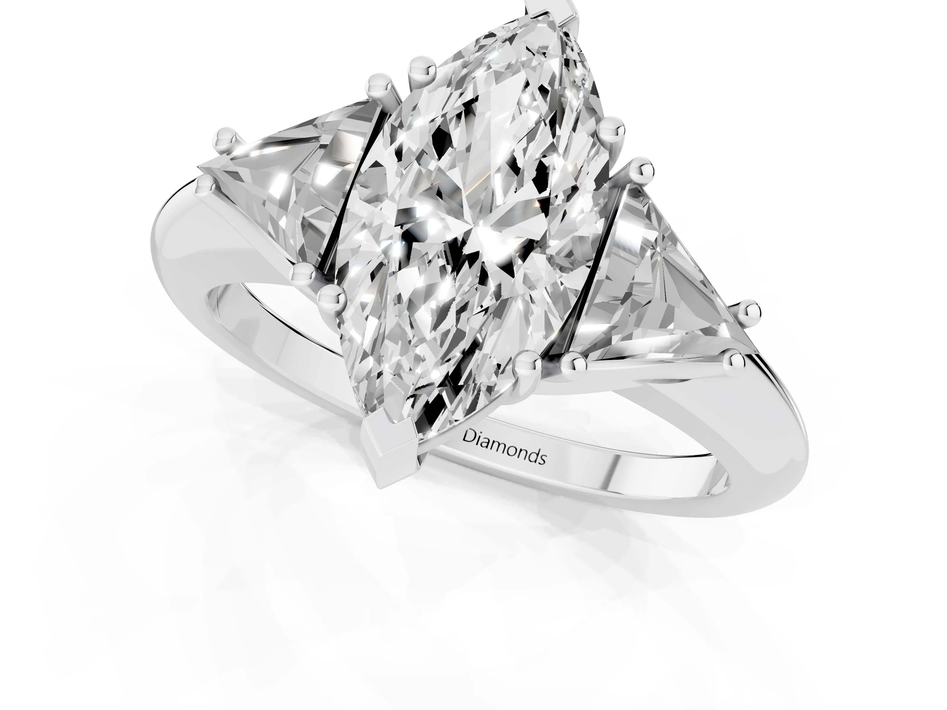 Marquise Cut Diamond Three-Stone Engagement Ring Set in White gold with Trillion Side Stones