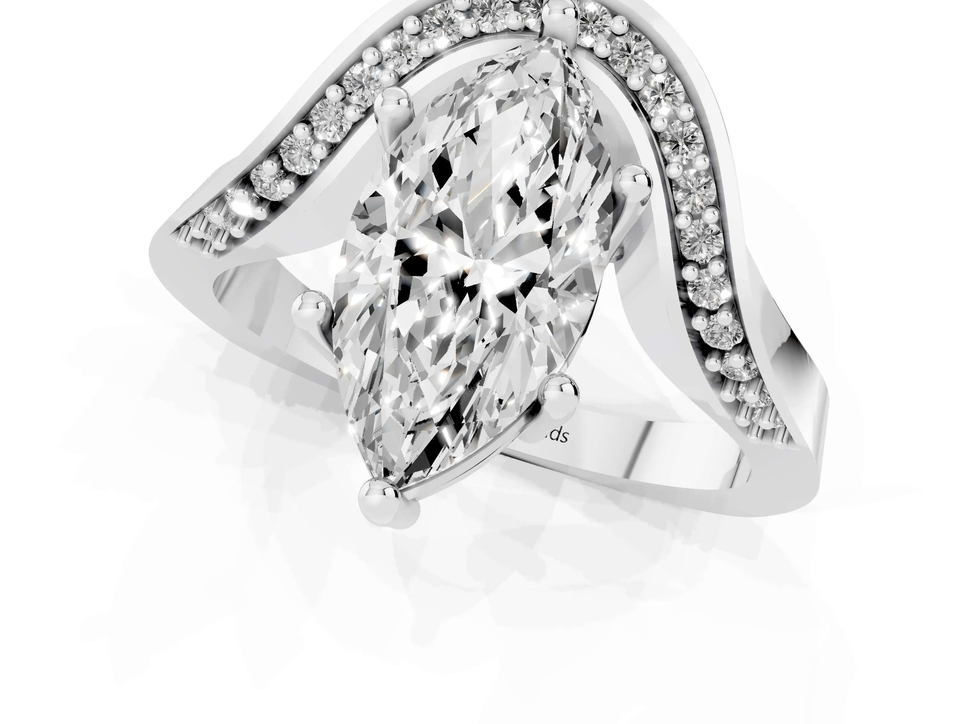Marquise Cut Diamond Solitaire Engagement Ring Set in Silver with Pavé Shoulders