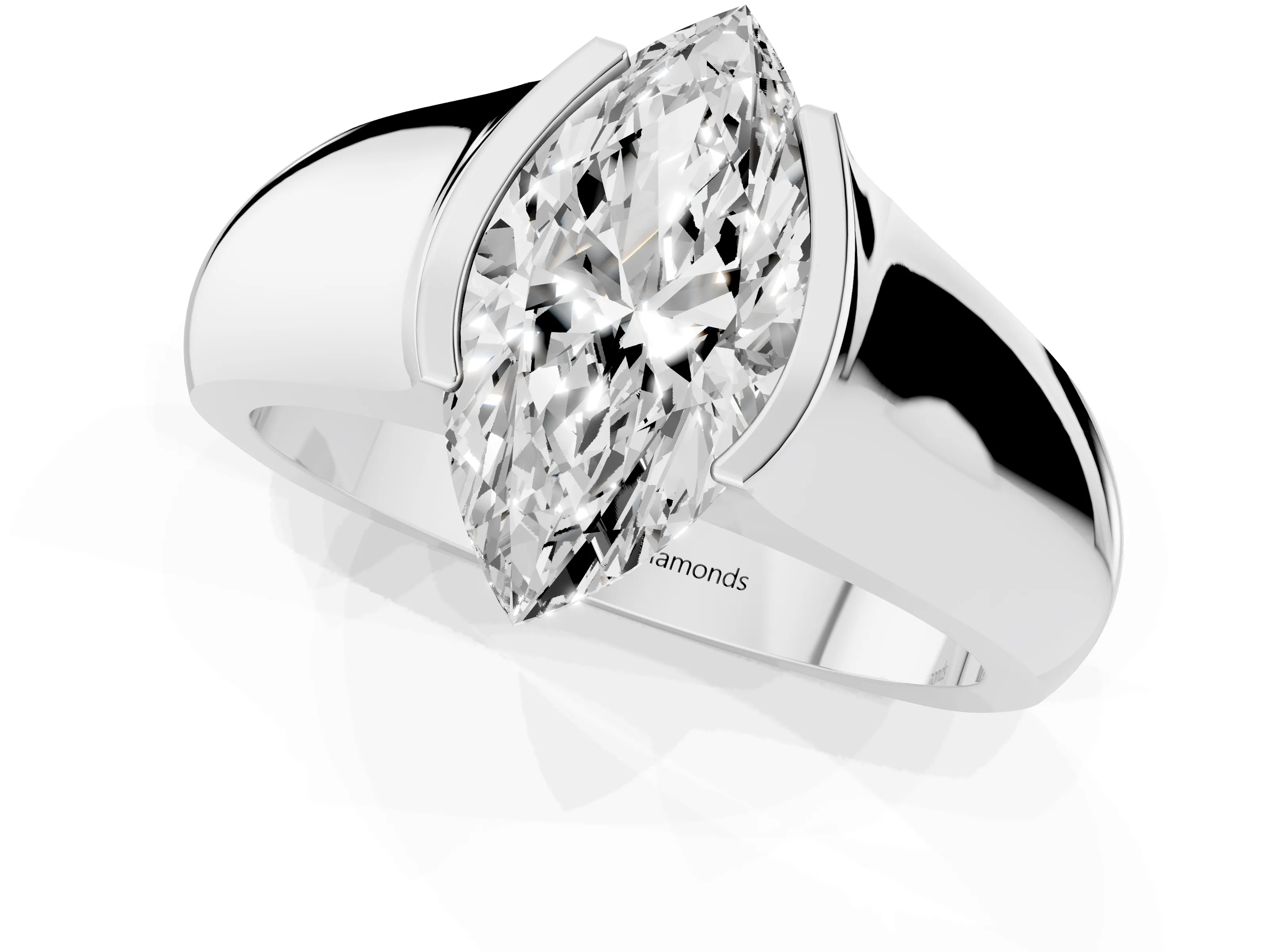 Marquise Cut Diamond Bezel Solitaire Ring Set in White gold with Wide Band