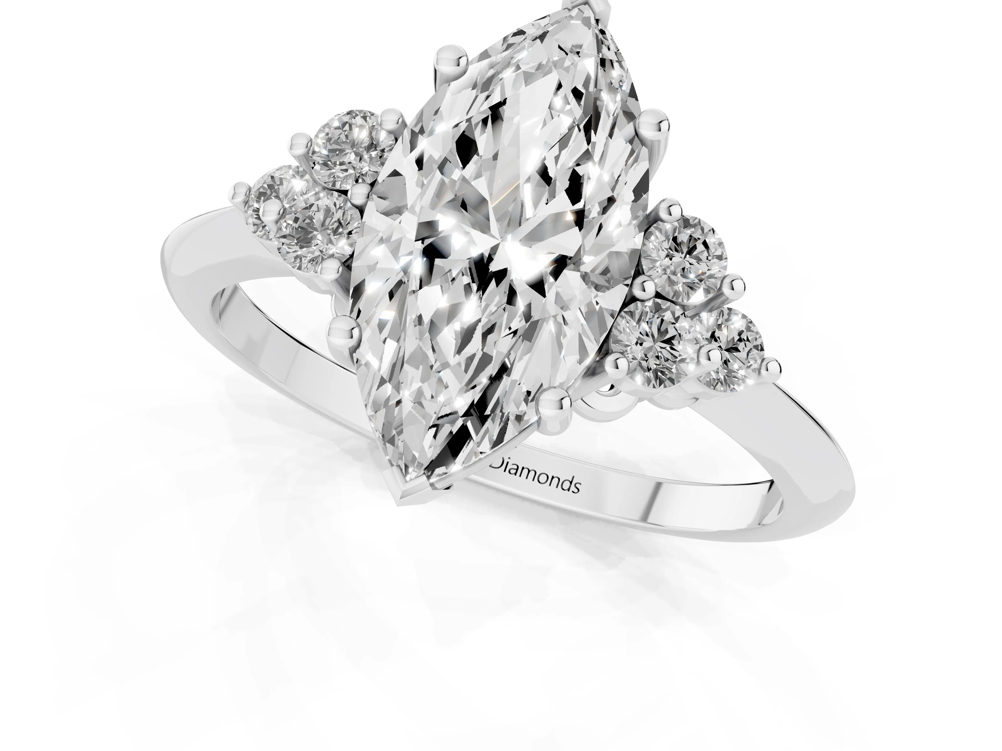 Marquise Cut Diamond Cluster Ring Set in Silver with Plain Band and Prong Setting