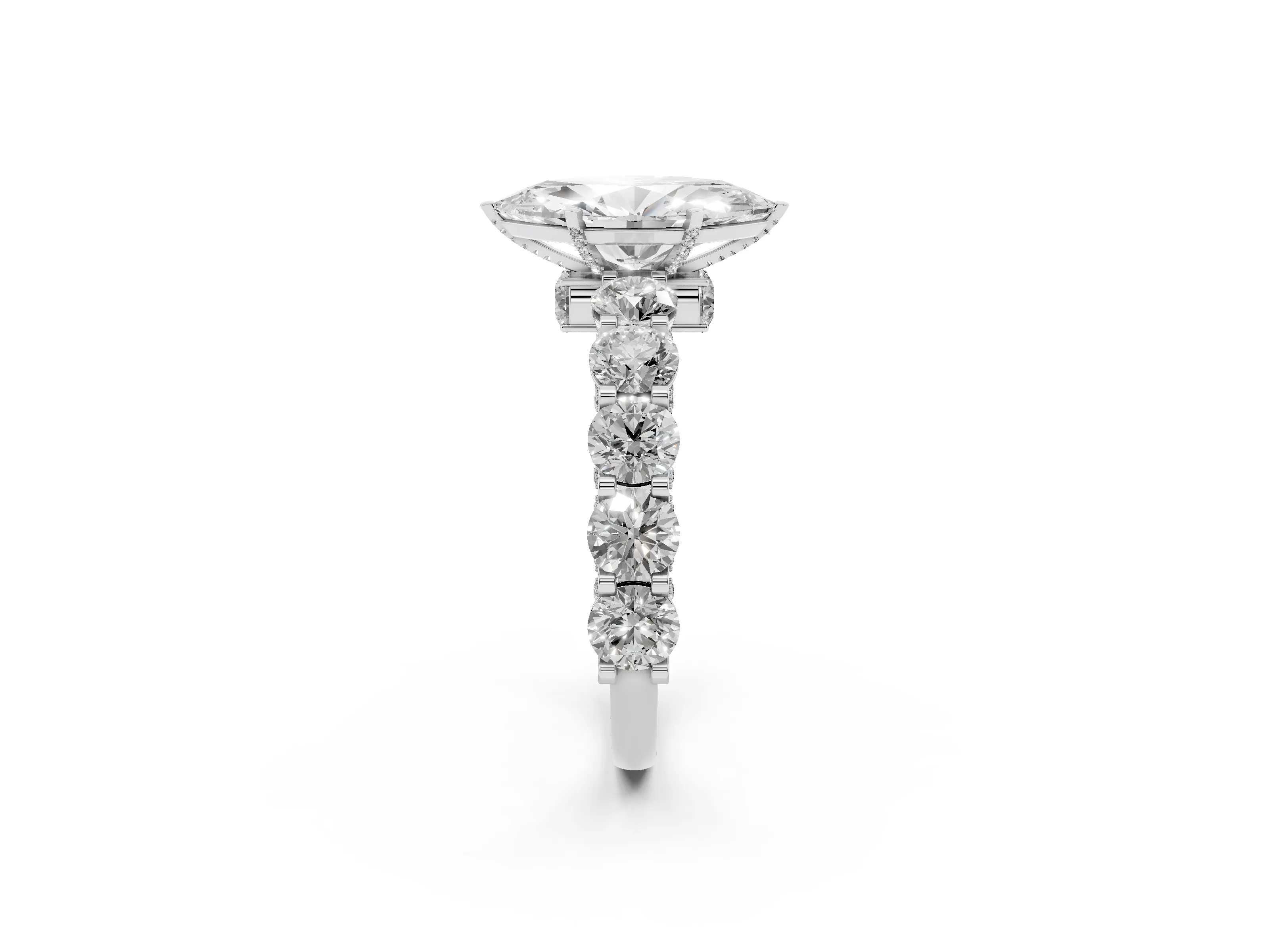 Marquise Cut Diamond Side Stone Ring Set in Silver with Alternating Round and Oval Side Stones