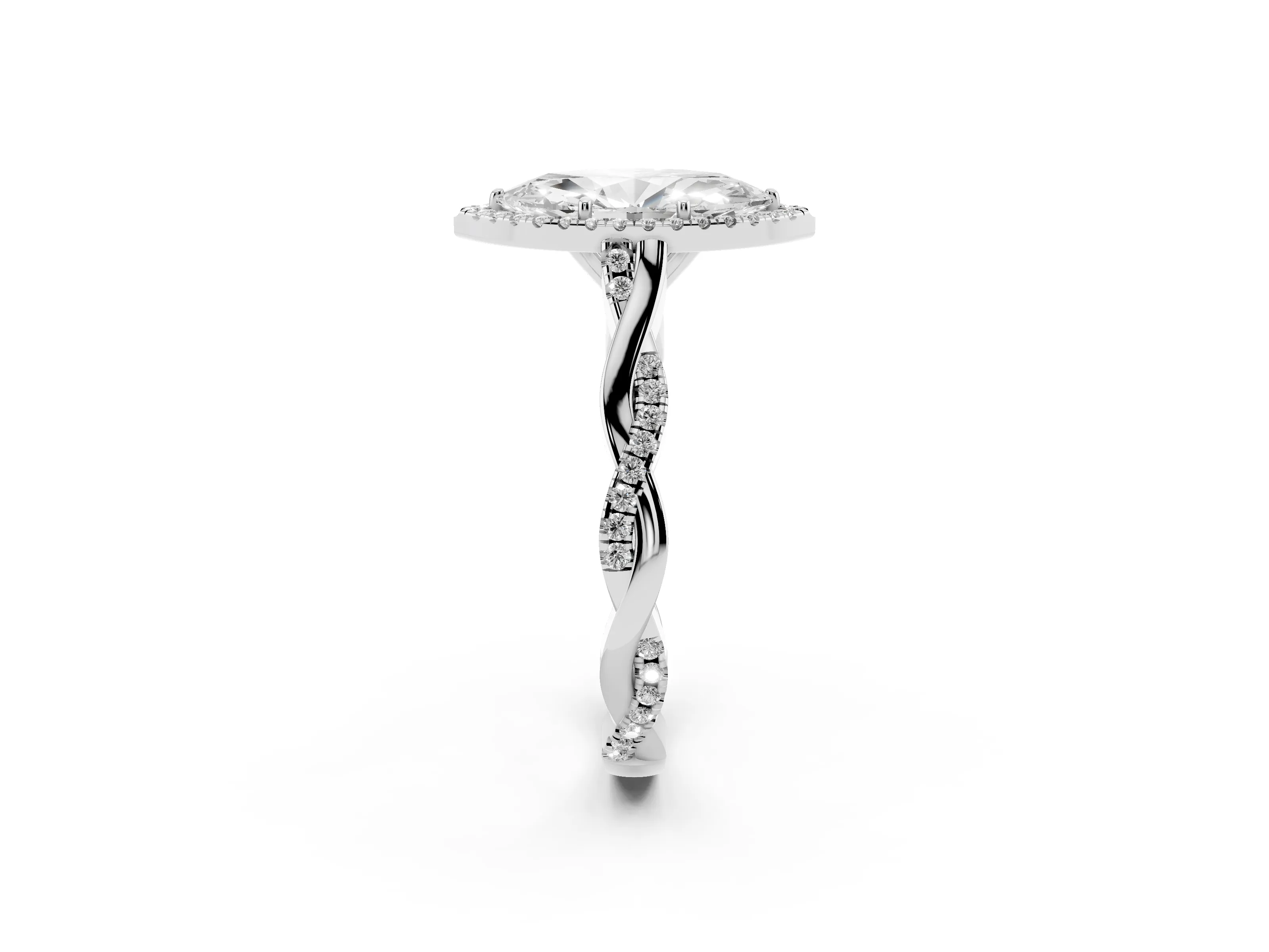 Marquise Cut Diamond Halo Twist Band Solitaire Ring Set in Silver with Prong Setting