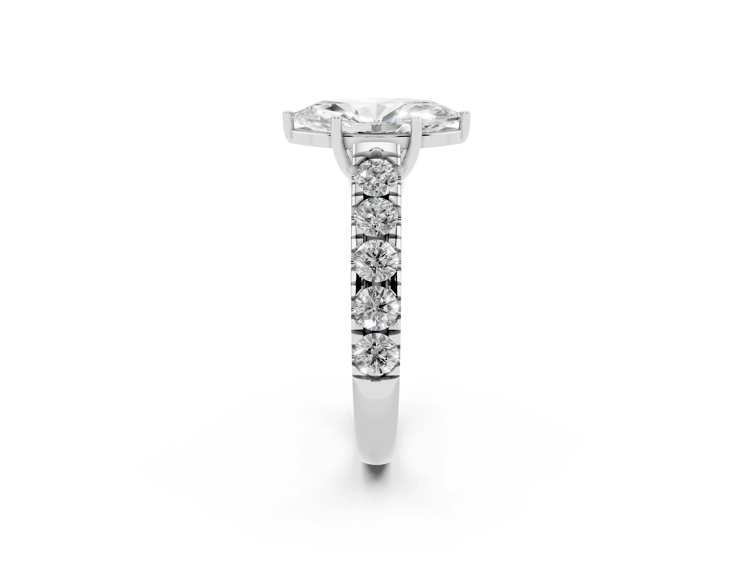 Marquise Cut Diamond Solitaire Ring Set in White gold with Cut-Down Micro Pavé Band and Prong Setting