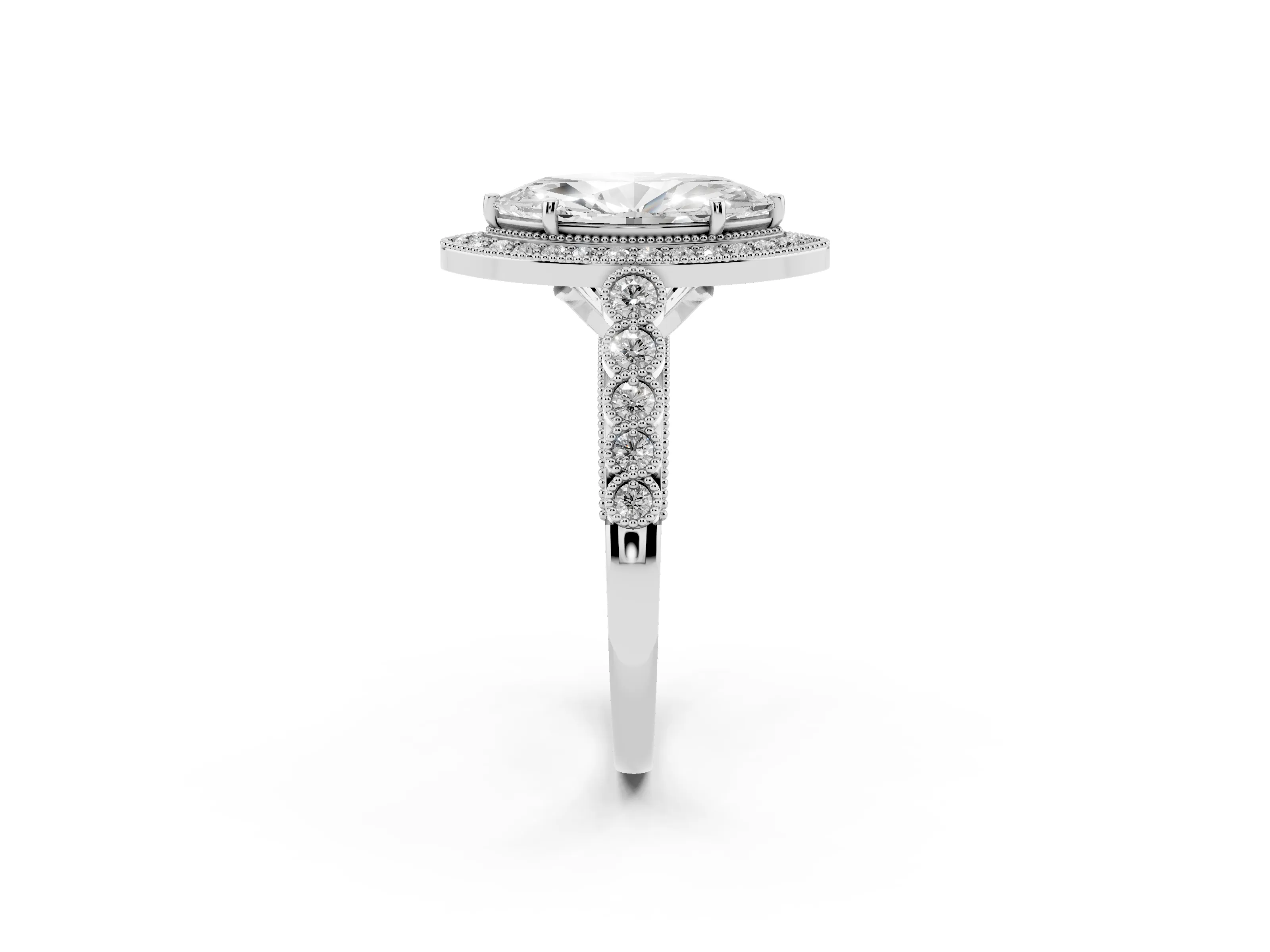Marquise Cut Diamond Milgrain Halo Solitaire Ring Set in Silver with Bezel Set Side Stones and Pavé Band