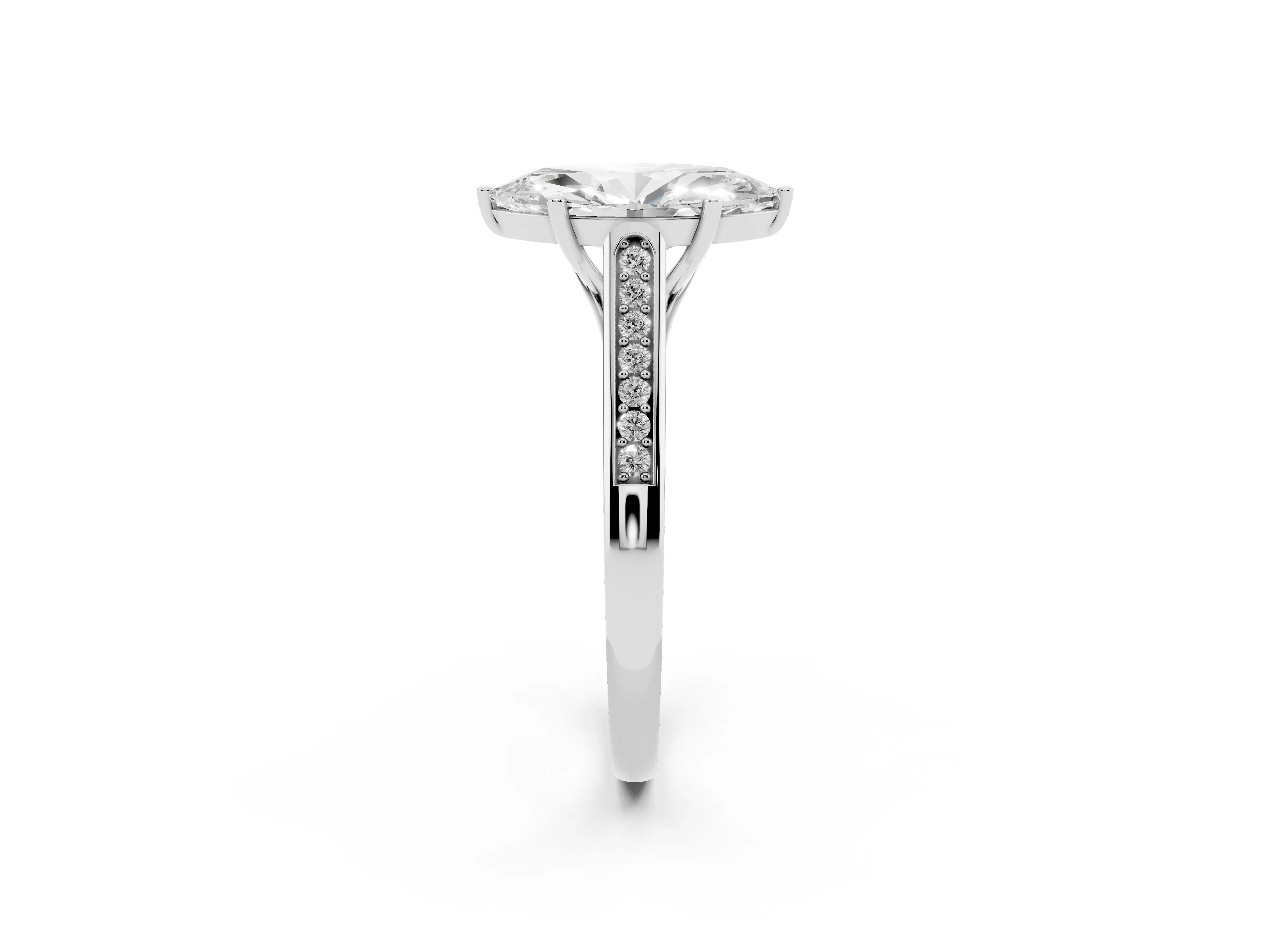 Marquise Cut Diamond Solitaire Cathedral Engagement Ring Set in White gold with Channel-Set Band and Prong Setting