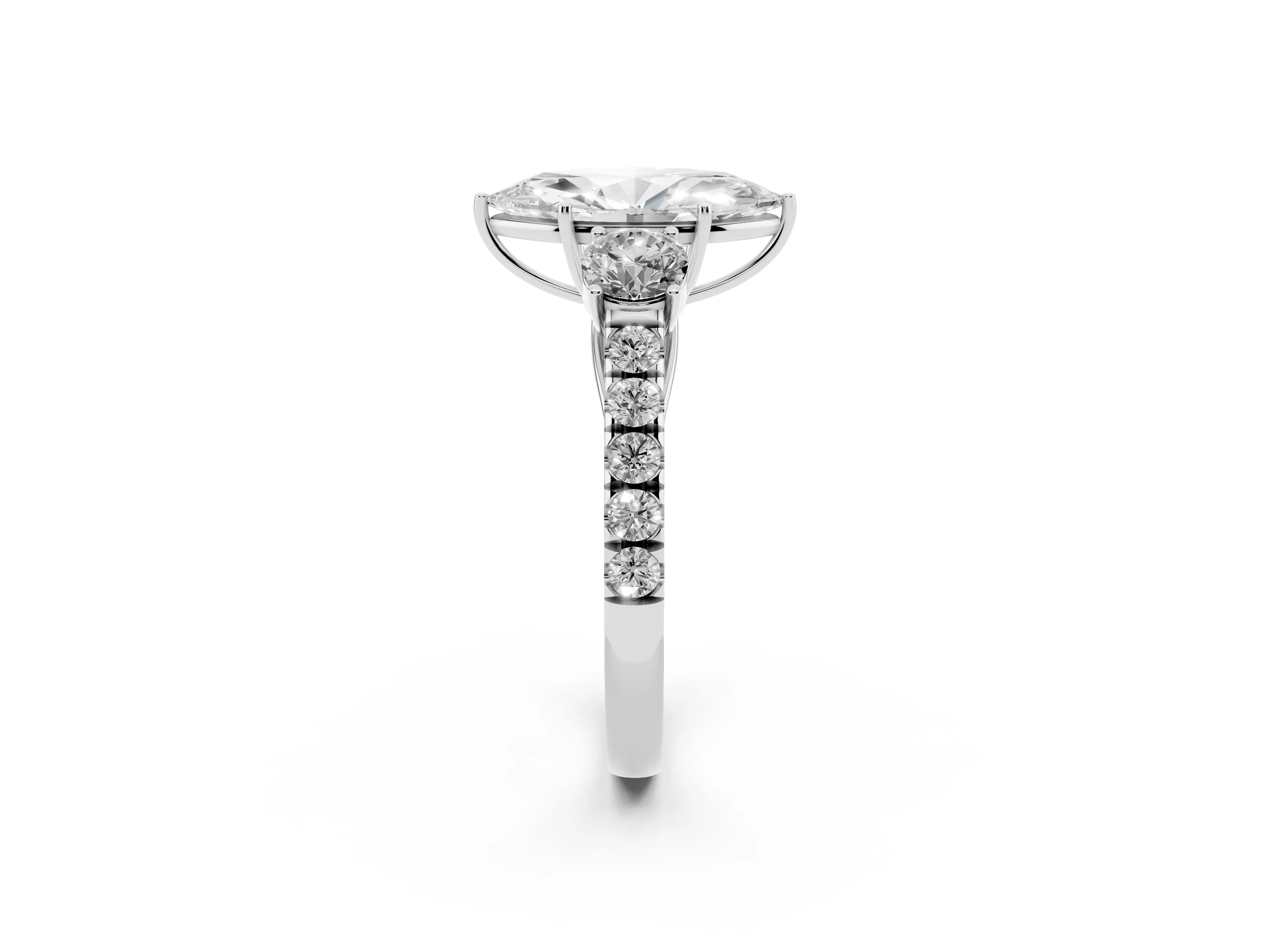 Marquise Cut Diamond Three-Stone Ring Set in Platinum with Round Side Stones and Delicate Pavé Band