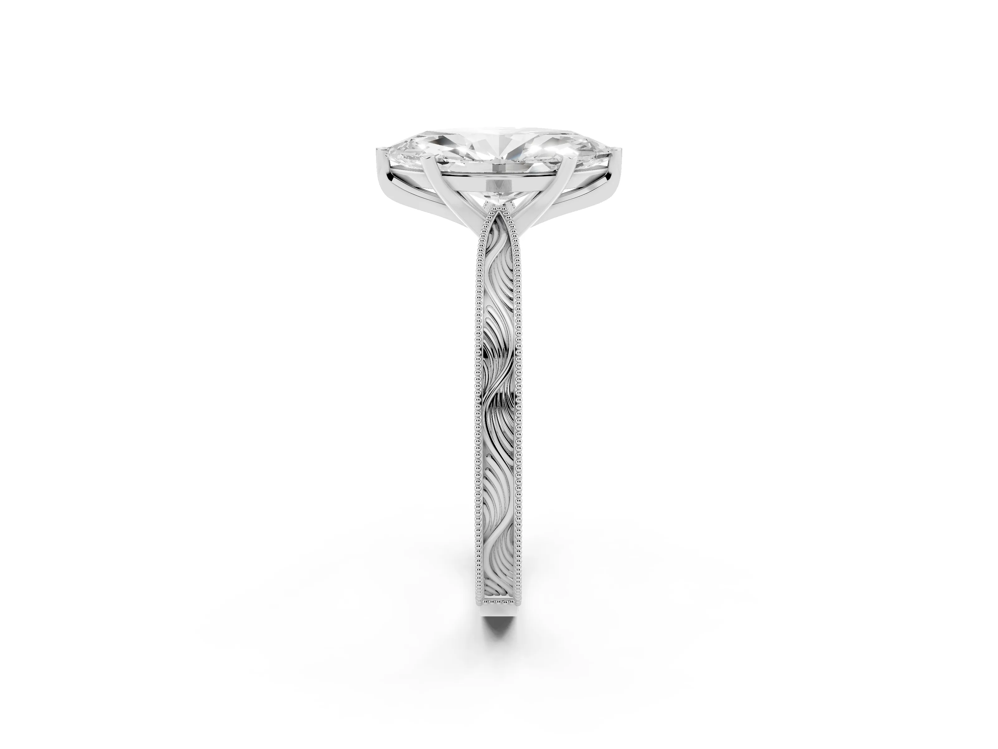 Marquise Cut Diamond Solitaire Milgrain Engraved Band Set in White gold with Prong Setting