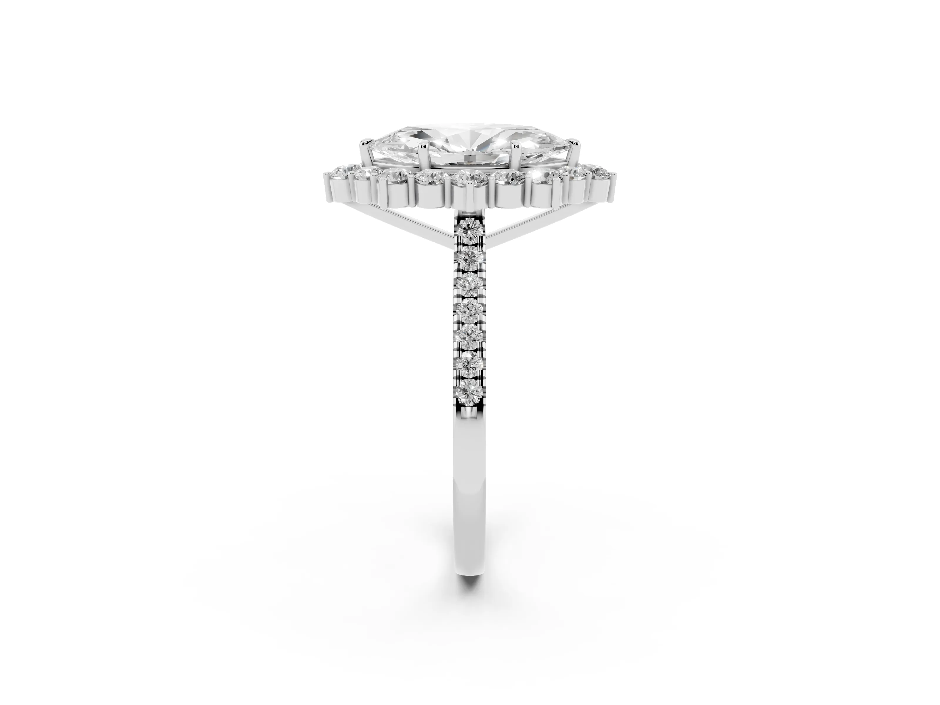 Marquise Cut Diamond Halo Ring Set in Silver with Pavé Band and Prong Setting