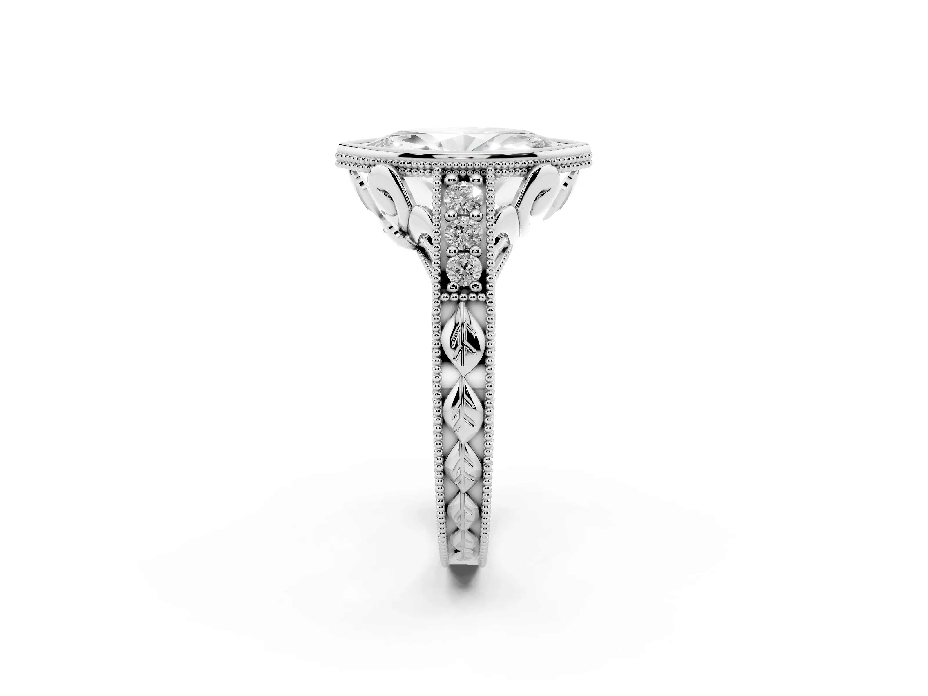 Bezel Set Marquise Cut Diamond Milgrain Pavé Engagement Ring Set in White gold