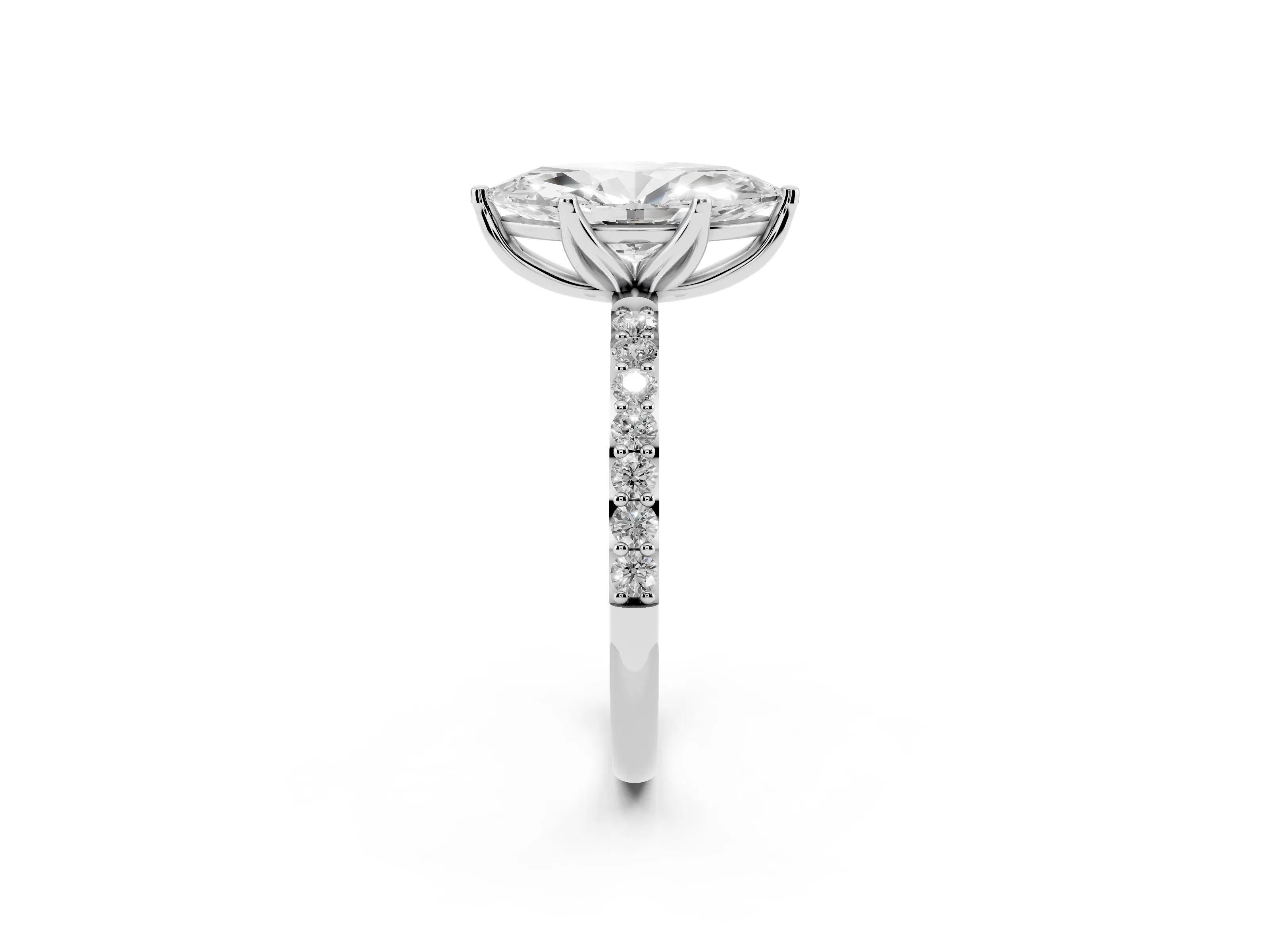 Marquise Cut Diamond Solitaire Engagement Ring Set in White gold with Round Pavé Band and Prong Setting