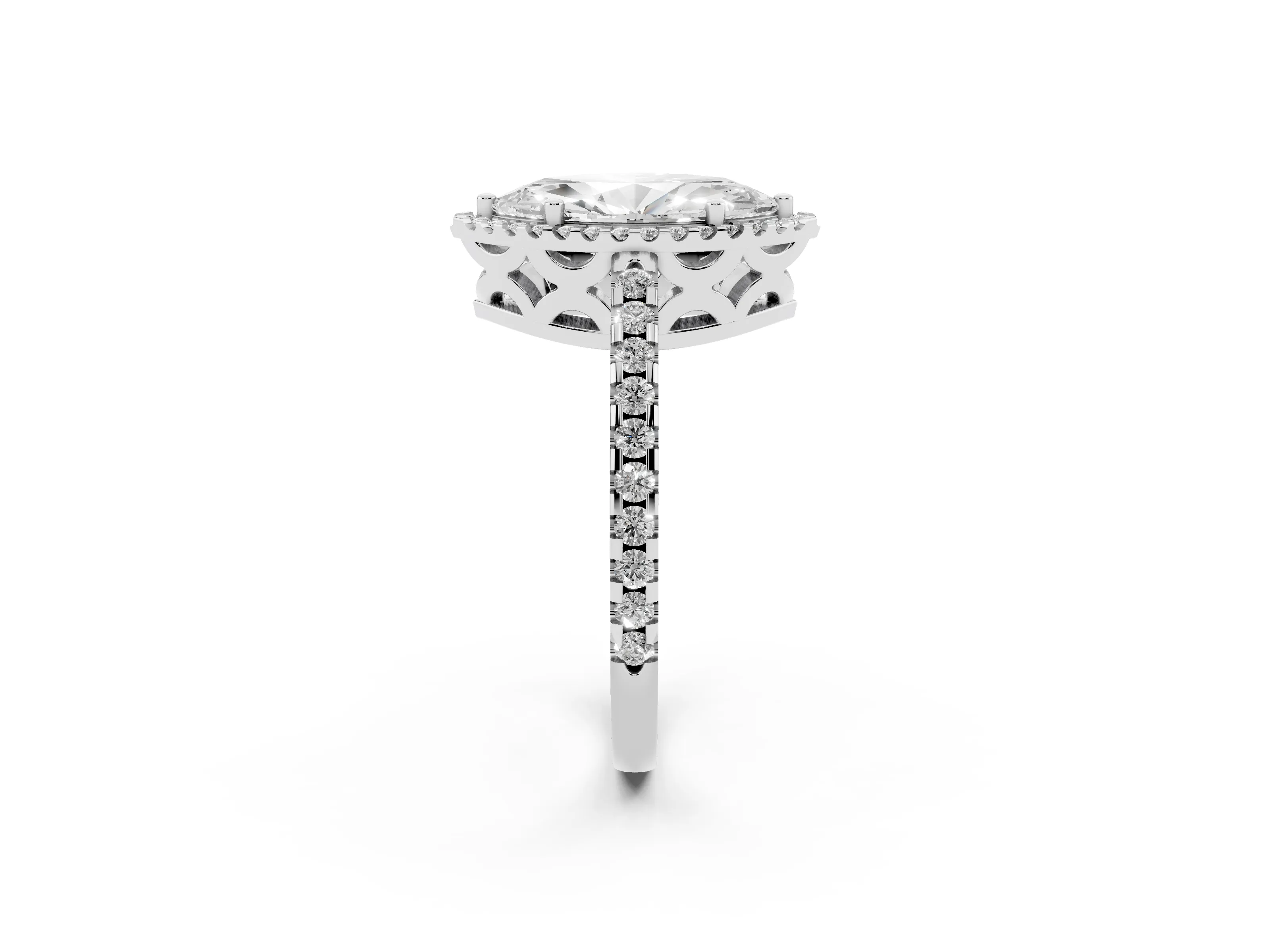 Marquise Cut Diamond Halo Ring Set in Silver with Pavé Shoulders and Halo-Framed Center