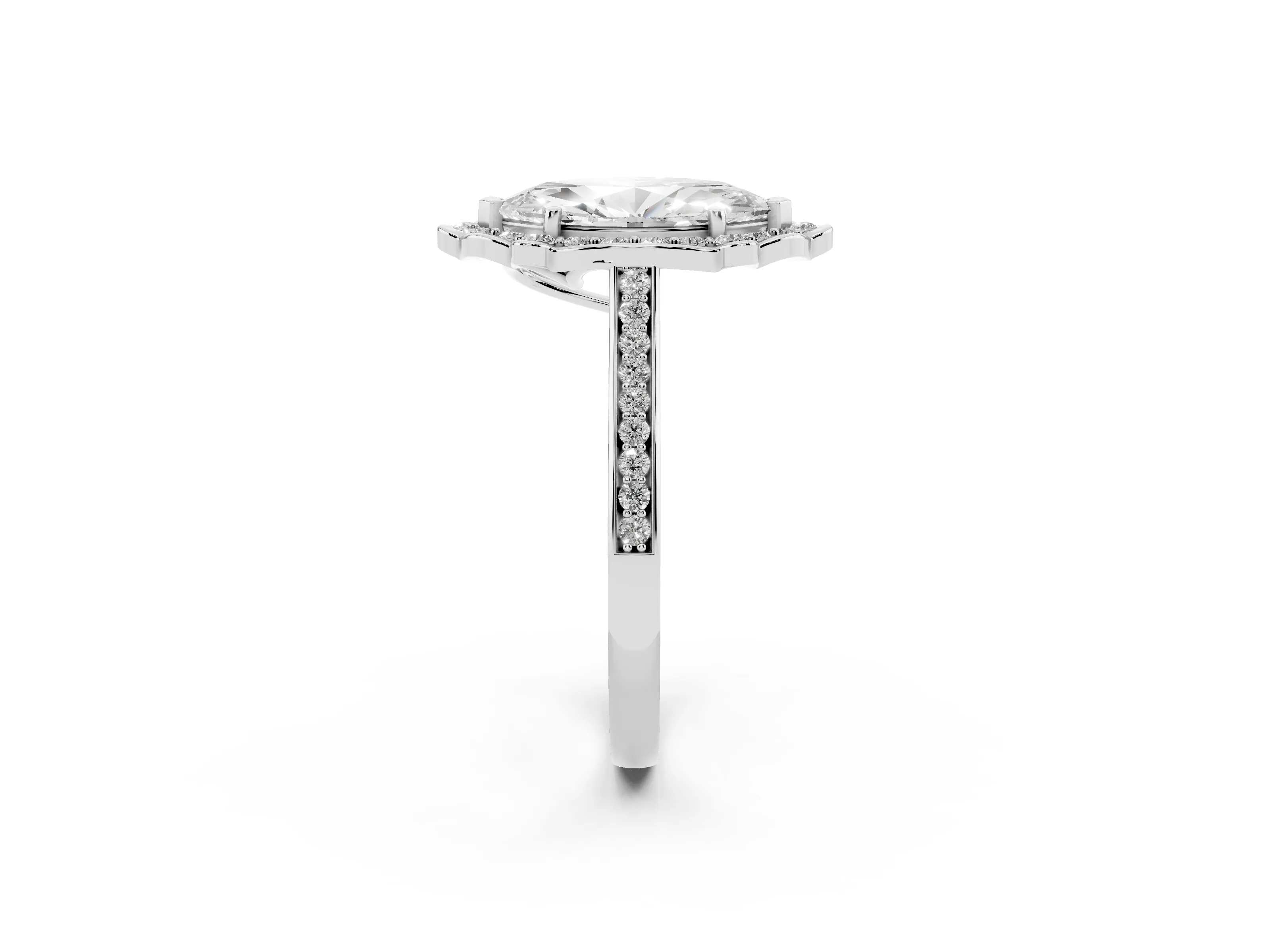 Marquise Cut Diamond Halo Ring Set in White gold with Pavé-Lined Shoulders and Prong Setting