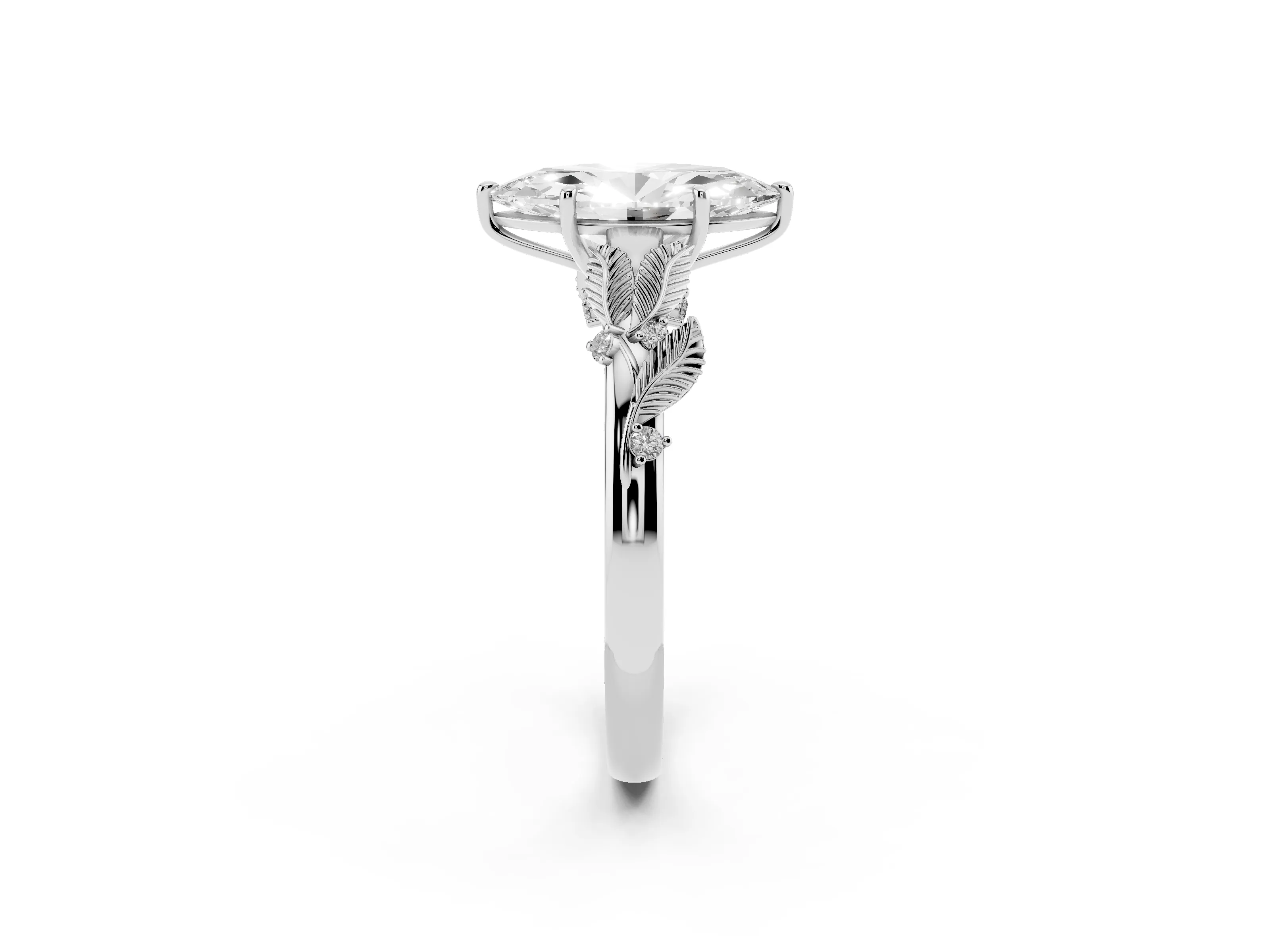Marquise Cut Diamond Solitaire Ring Set in Silver with Leaf Motif Band