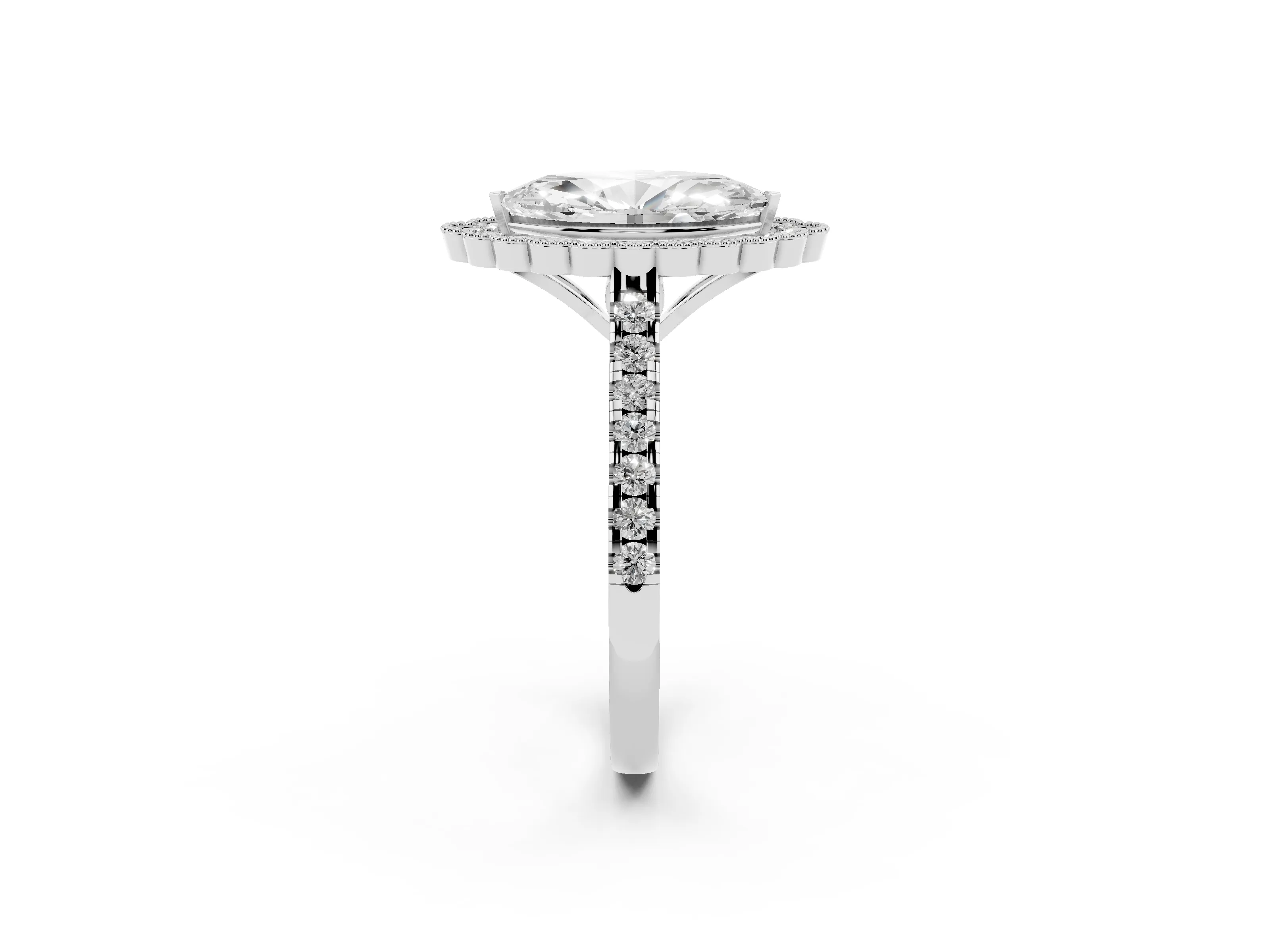 Marquise Cut Diamond Milgrain Floral Halo Engagement Ring Set in Silver with Pavé Band