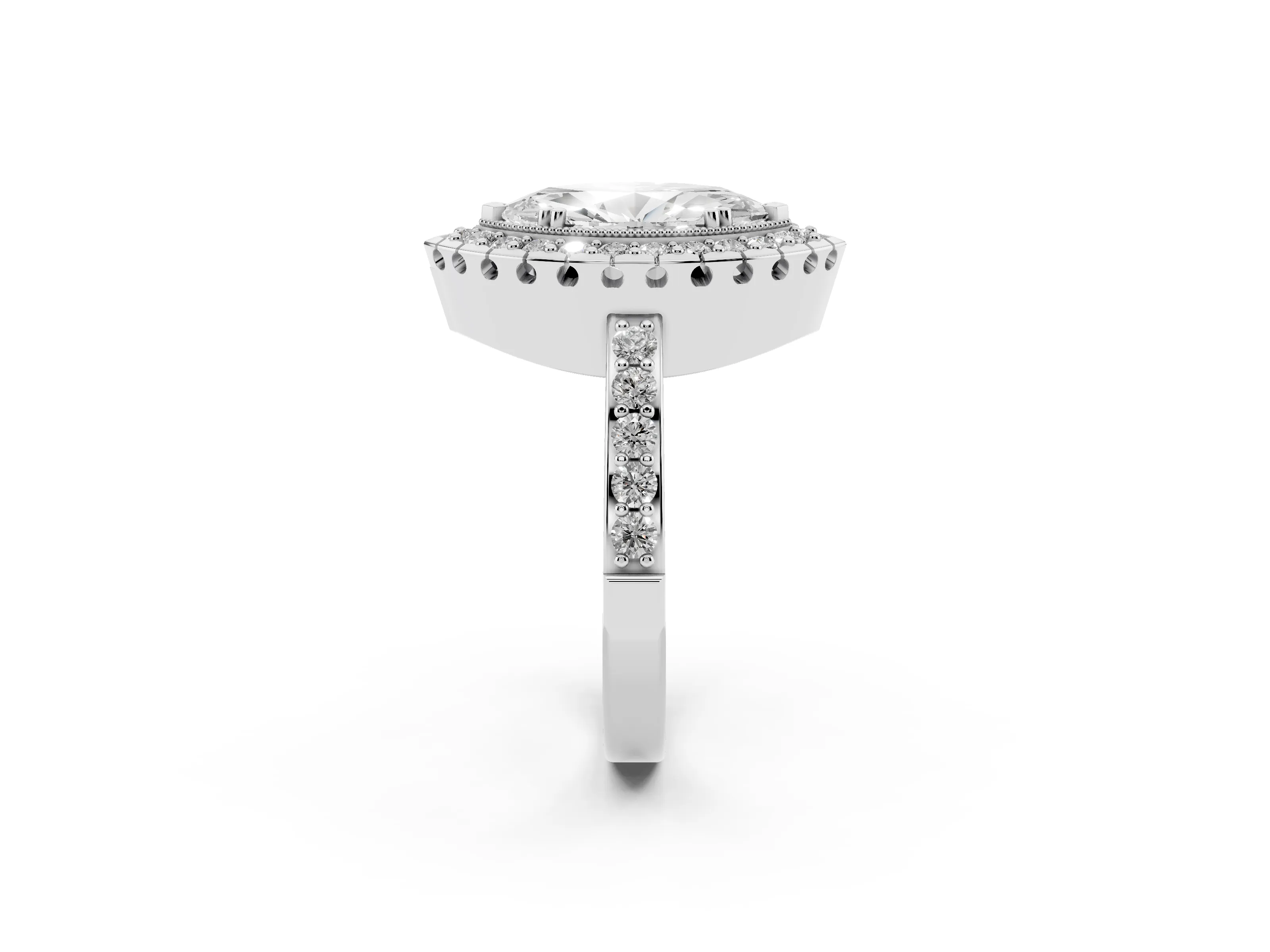 Marquise Cut Diamond Halo Ring Set in White gold with Pavé Shank and Prong Setting