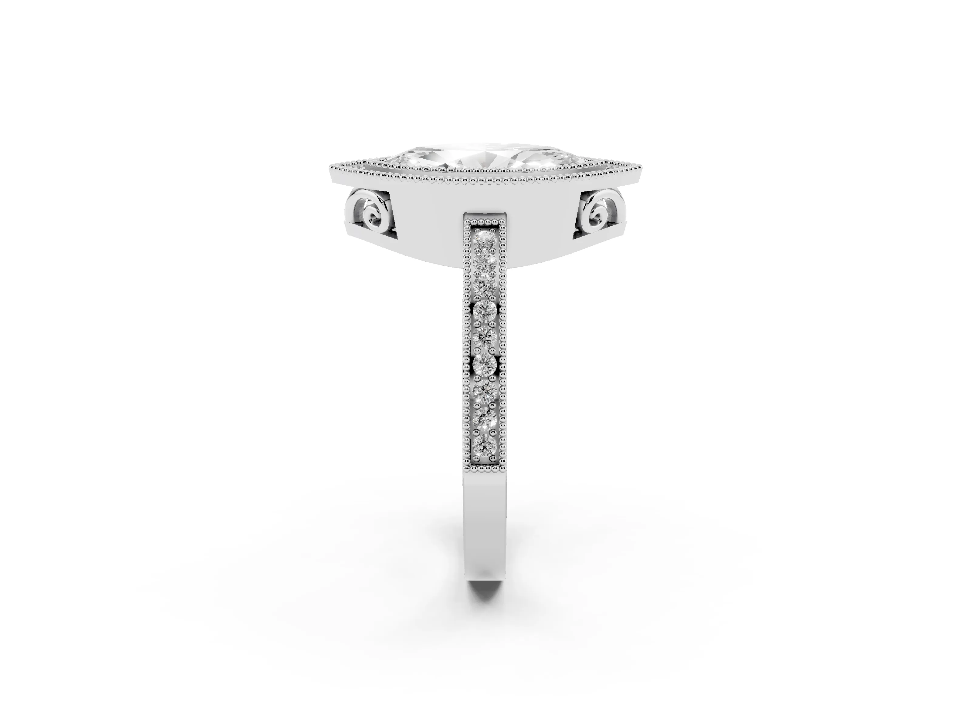 Marquise Cut Diamond Halo Ring Set in White gold with Pavé Band and Milgrain-Edged Prongs