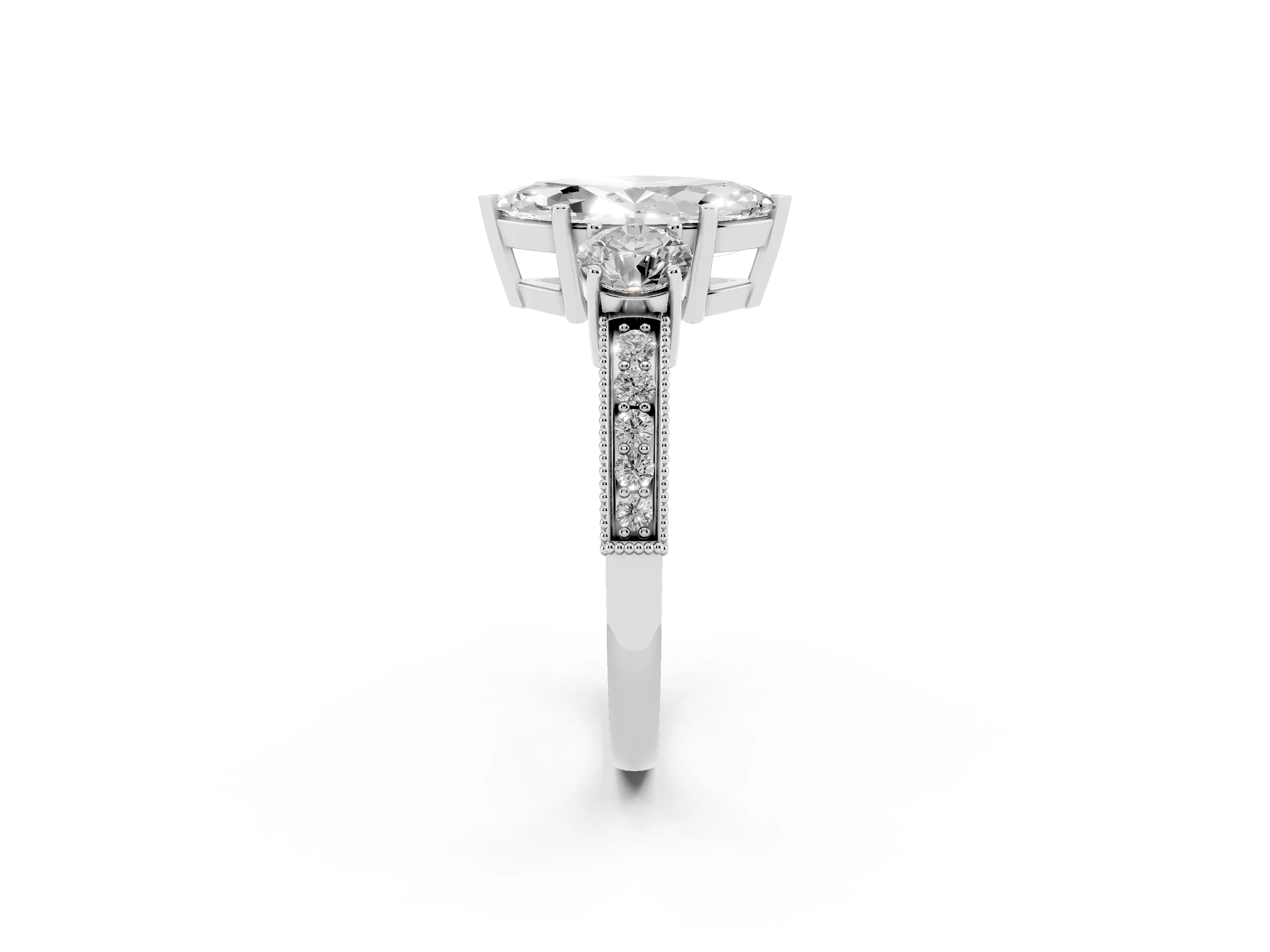 Marquise Cut Diamond Three-Stone Ring Set in Platinum with Round Side Stones and Pavé Band