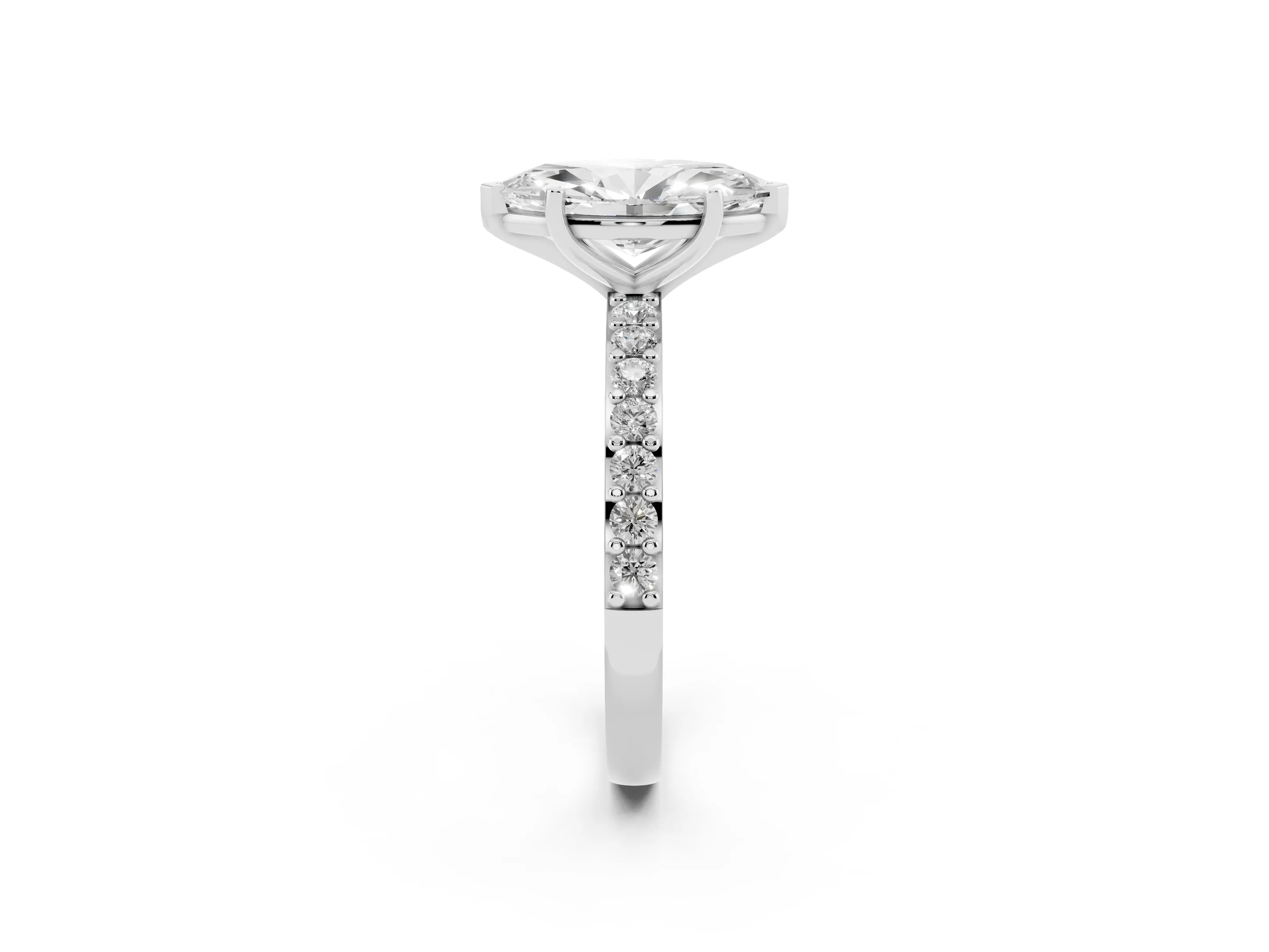 Marquise Cut Diamond Solitaire Set in White gold with Round Pavé Band and Prong Setting