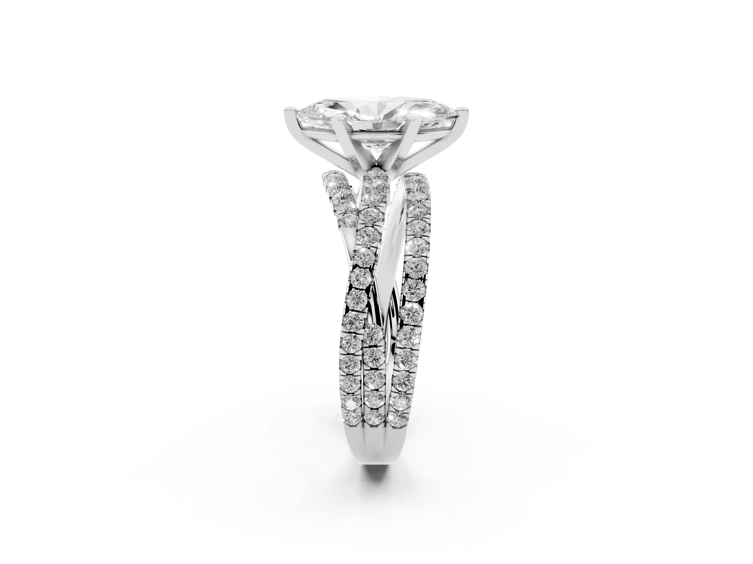 Marquise Cut Diamond Solitaire Twist Band Ring Set in Silver with Pavé Setting and Prong Head