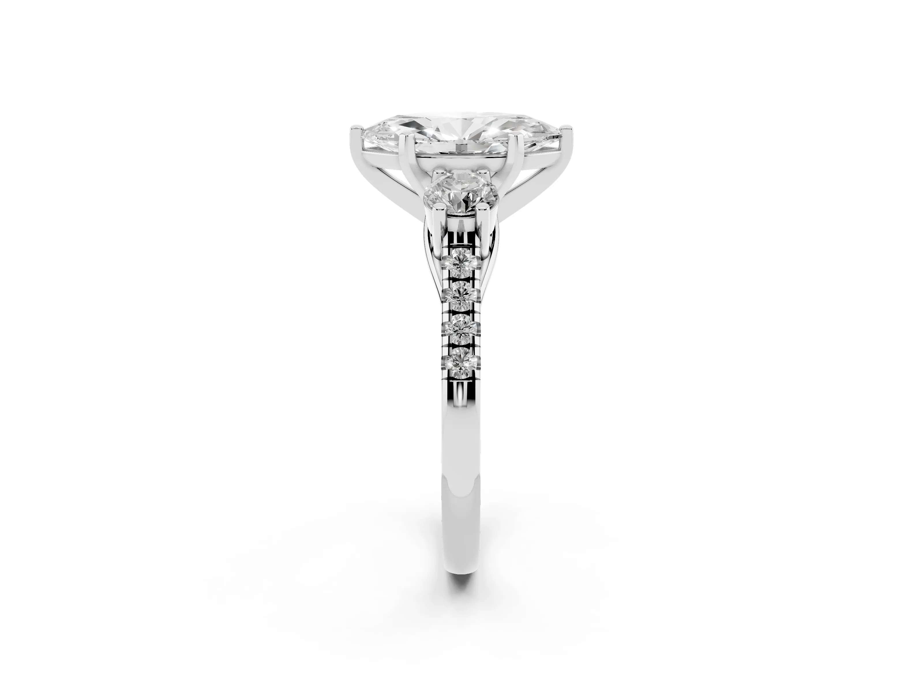 Three-Stone Marquise Cut Diamond Pavé Band Ring Set in White gold with Prong-Set Trio