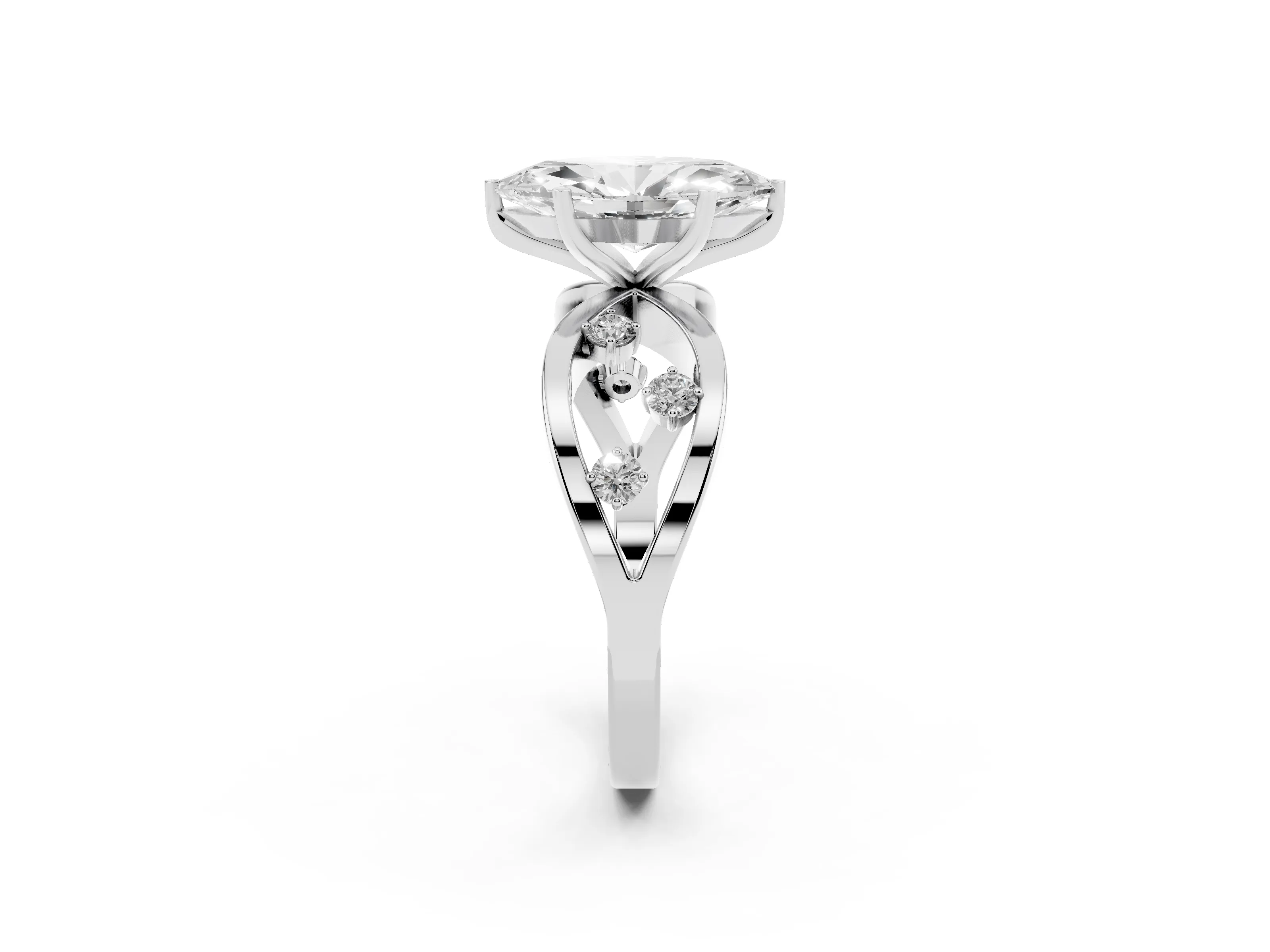 Marquise Cut Diamond Solitaire Ring Set in Silver with Side Stones on Criss-Cross Band and Prong Setting
