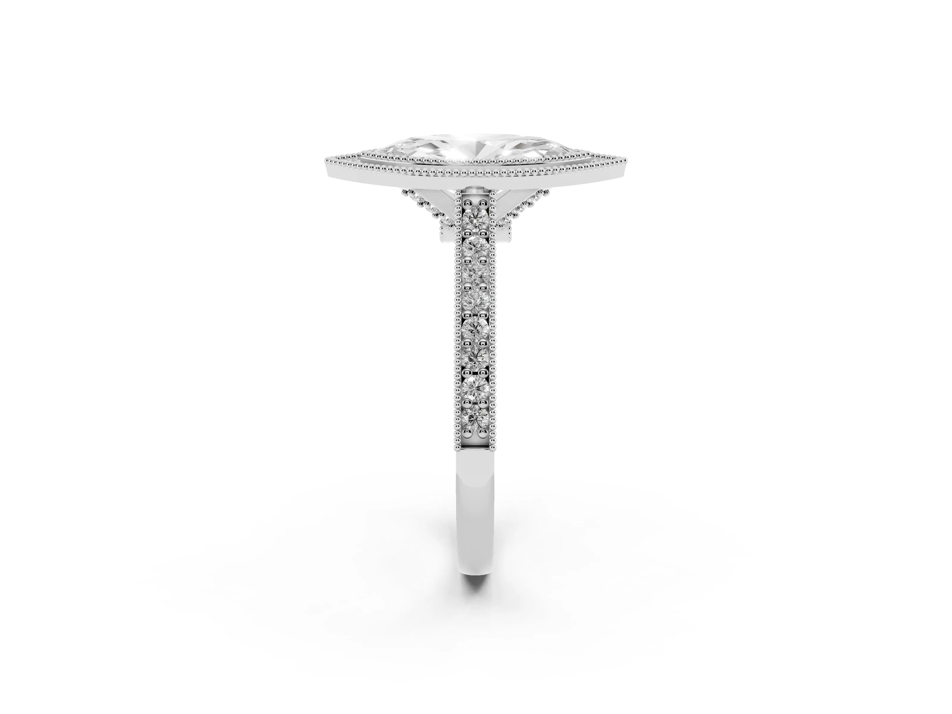 Marquise Cut Diamond Halo Milgrain Pavé Band Ring Set in Platinum with Prong Setting