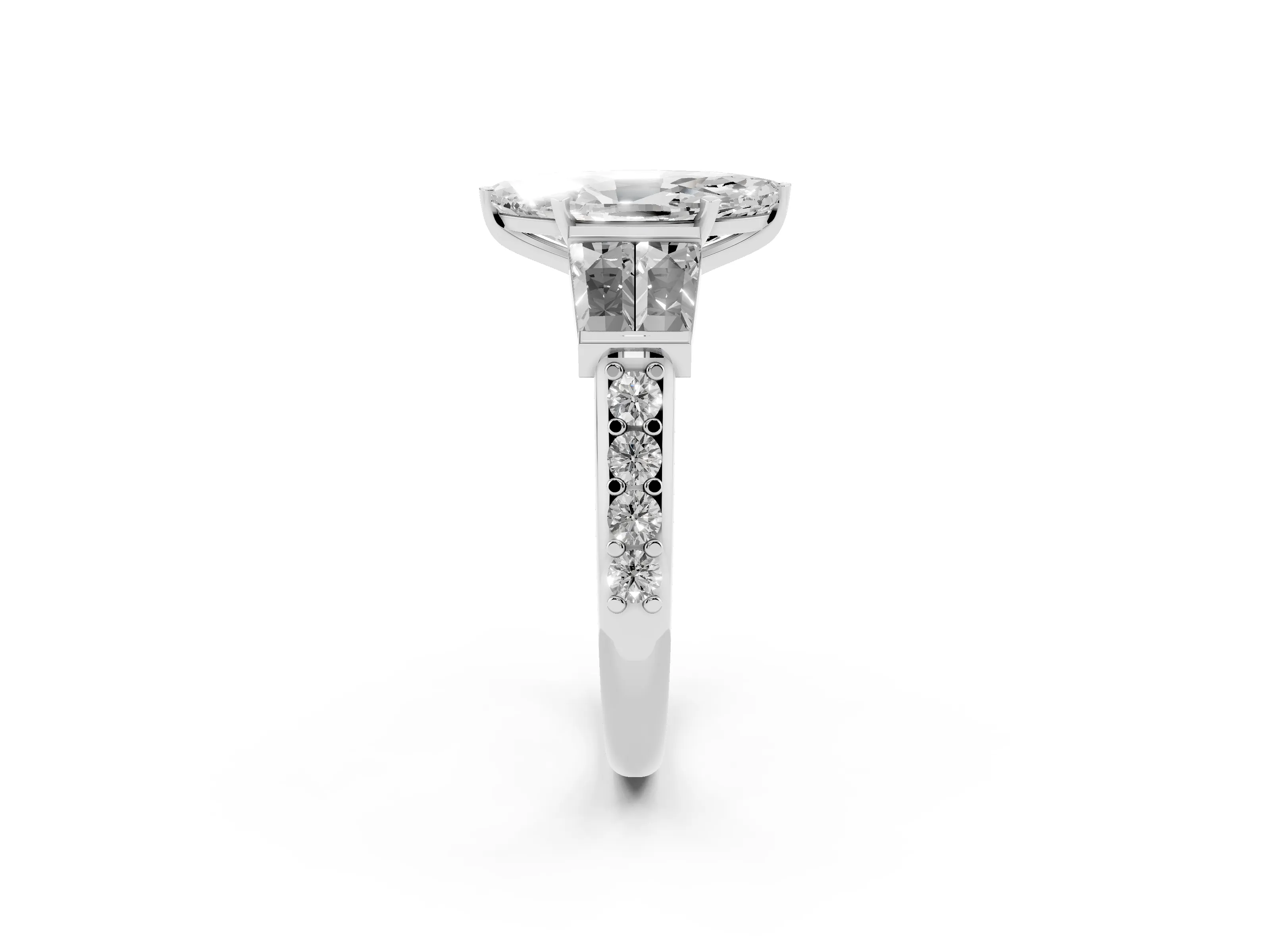 Marquise Cut Diamond Engagement Ring Set in White gold with Baguette Side Stones and Channel Set Band