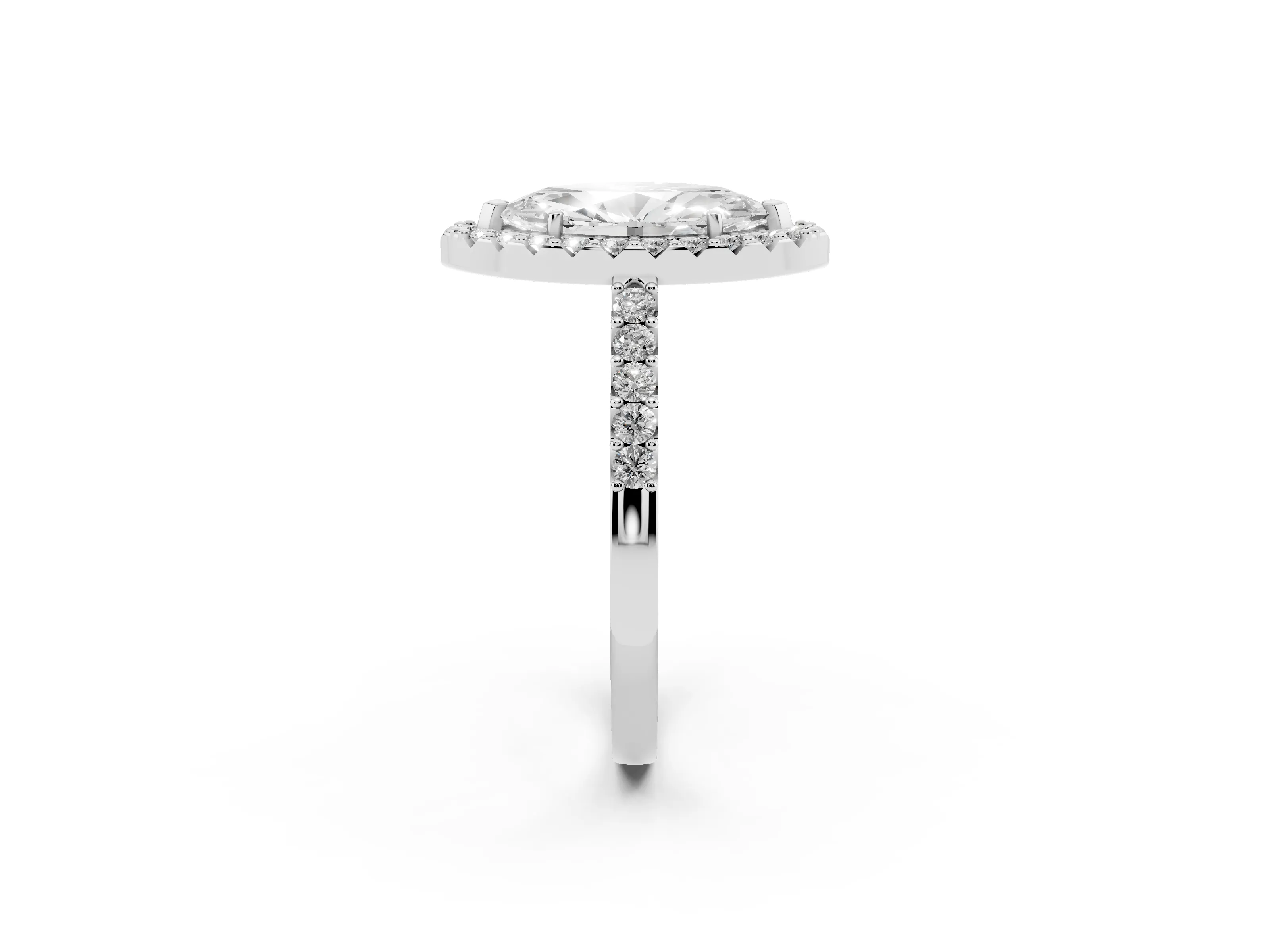 Marquise Cut Diamond Halo Pavé Solitaire Ring Set in White gold with Prong-Set Center Stone