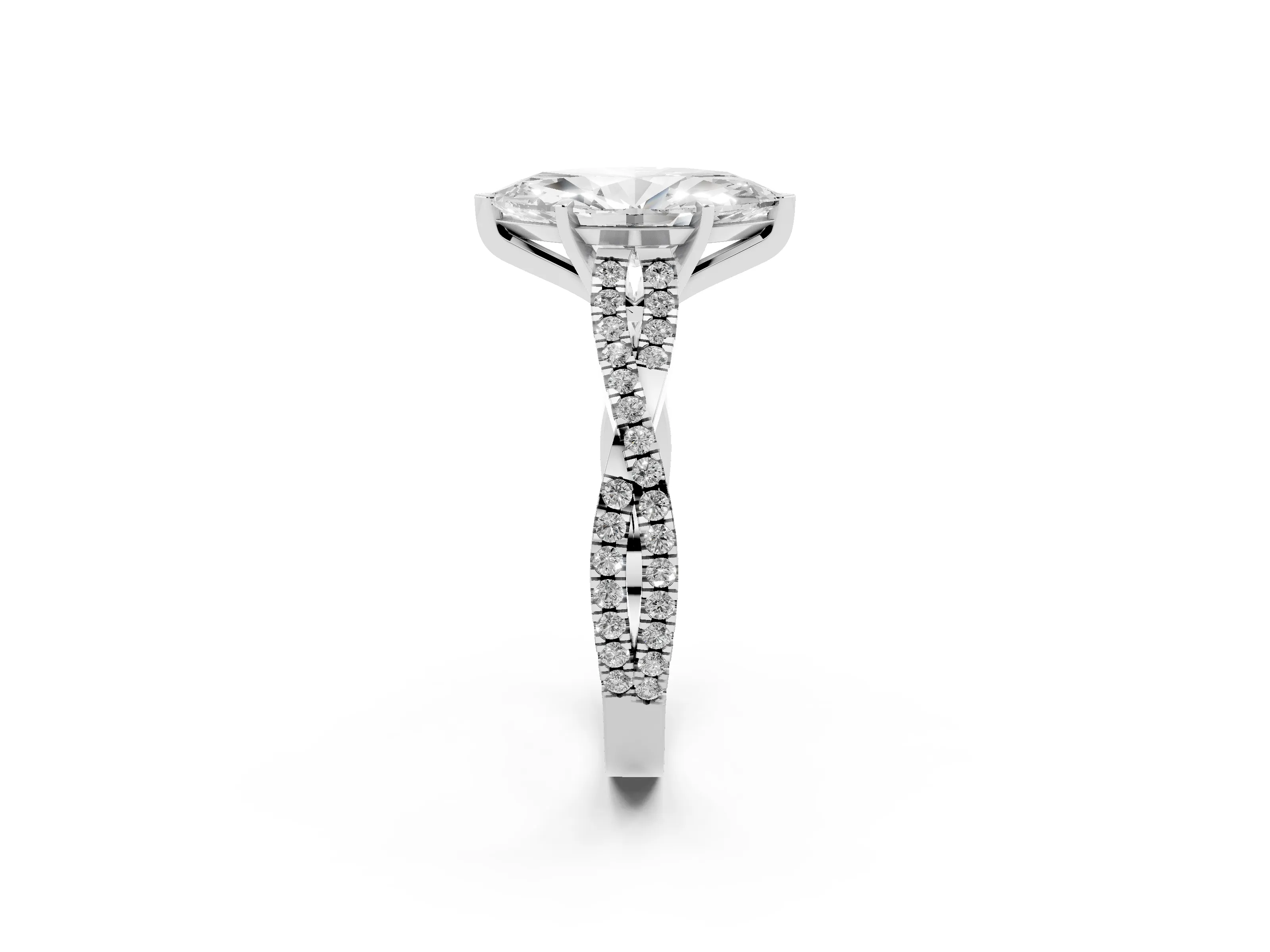 Marquise Cut Diamond Solitaire Engagement Ring Set in White gold with Twisted Pavé Band and Prong Setting