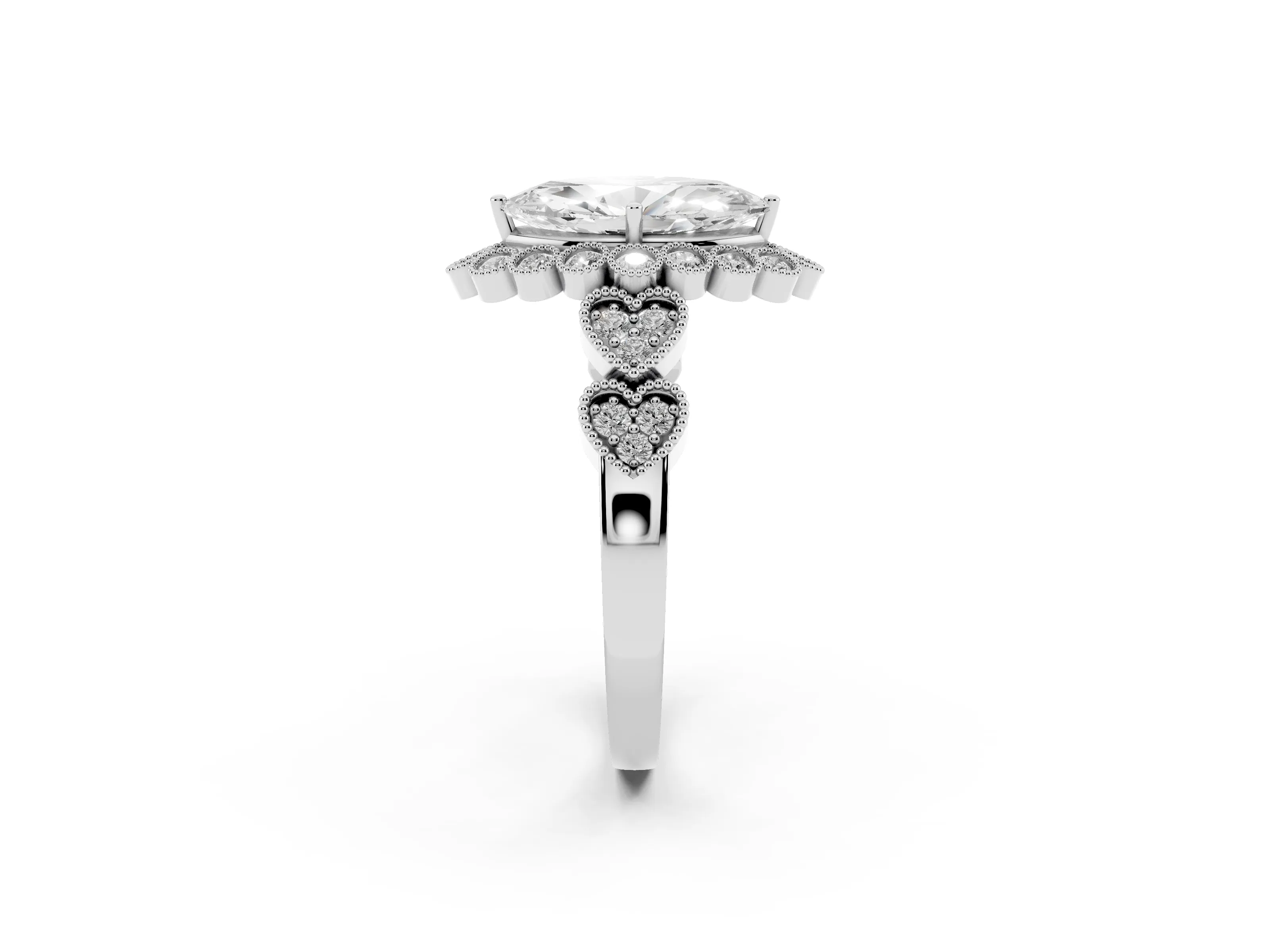 Marquise Cut Diamond Solitaire Ring Set in Platinum with Milgrain Pavé Heart Band