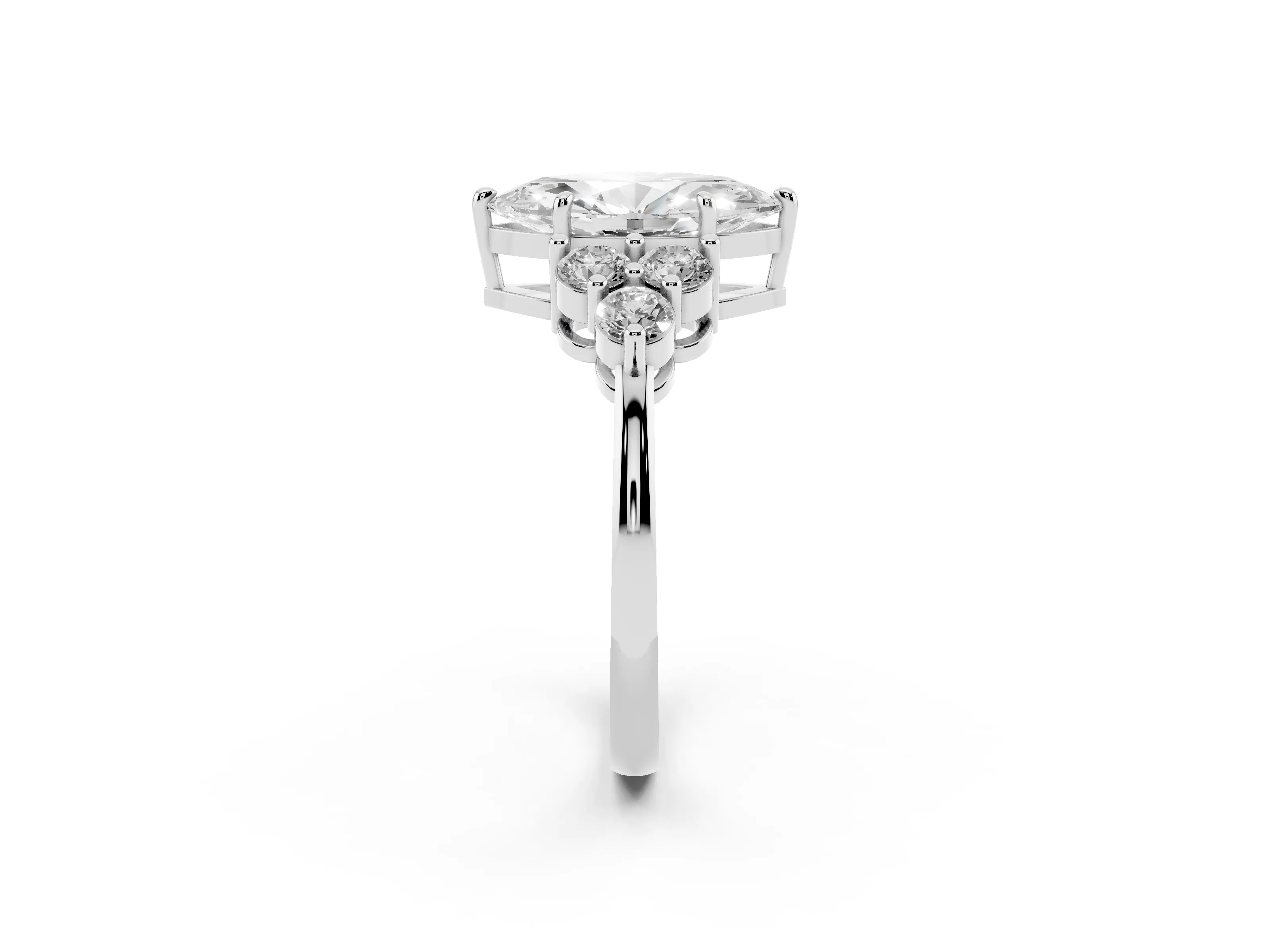 Marquise Cut Diamond Solitaire Ring Set in Platinum with Cluster Accents on Each Side