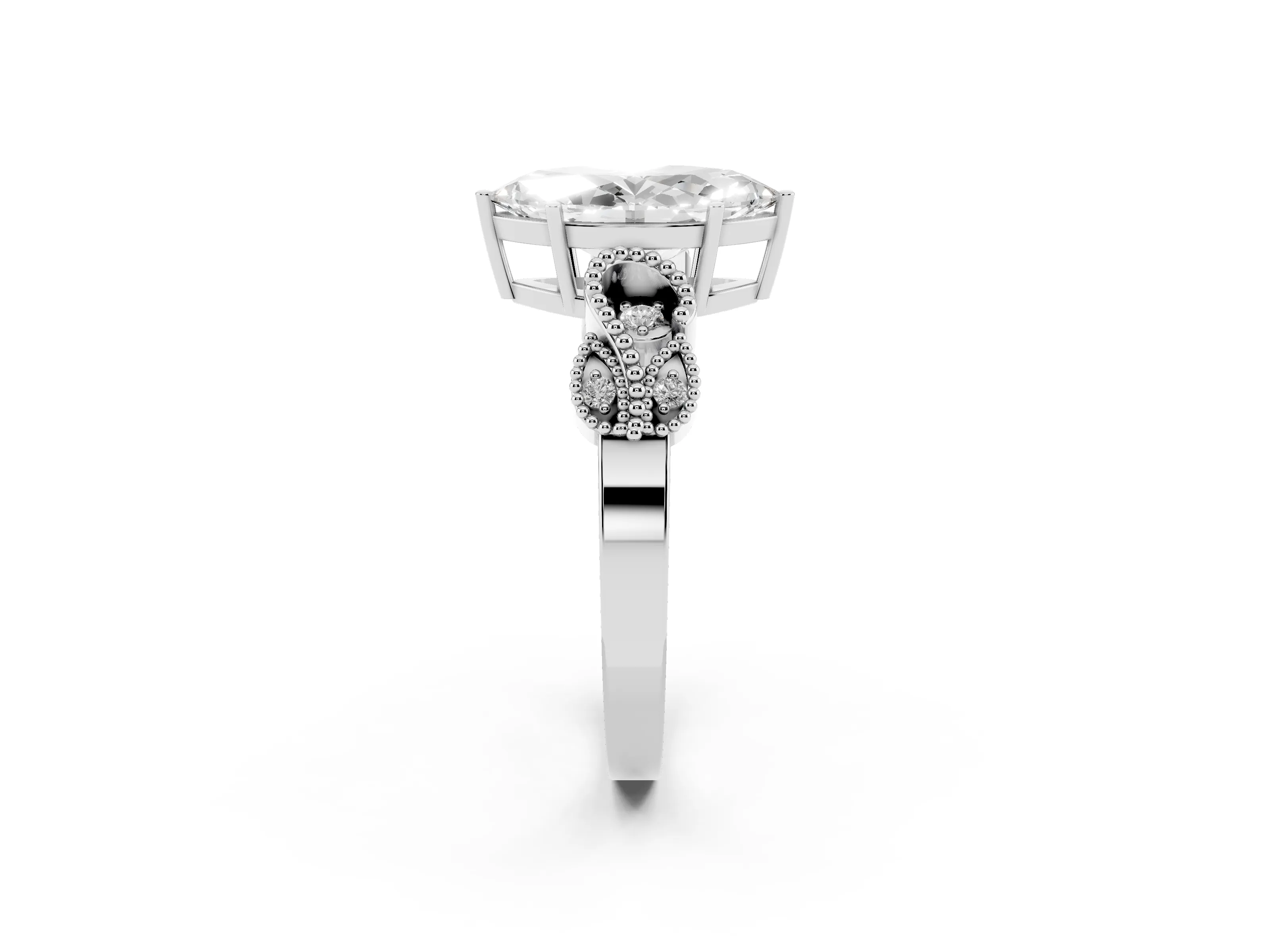 Marquise Cut Diamond Milgrain Leaf Band Solitaire Ring Set in White gold with Accent Stones and Prong Setting