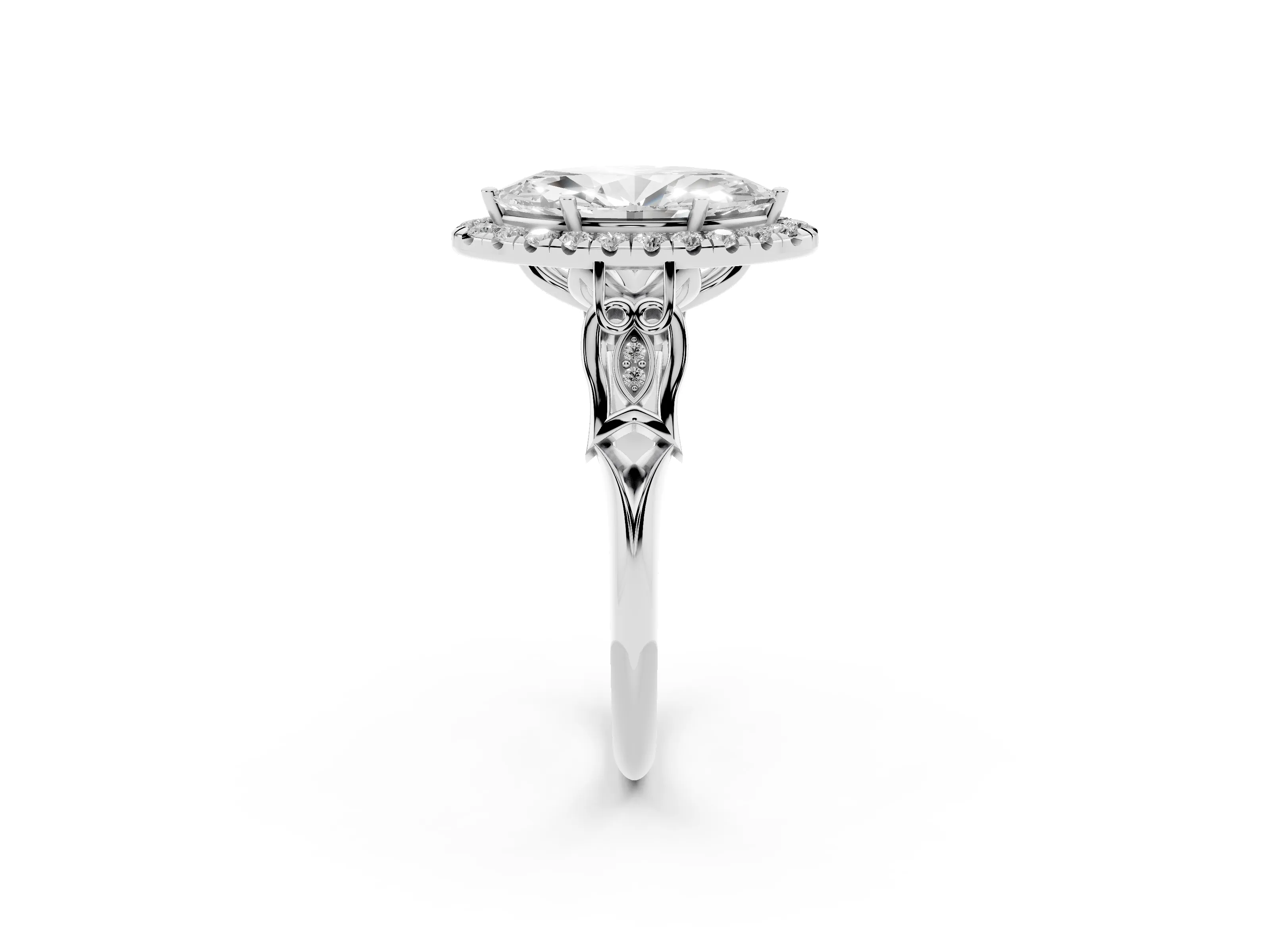 Marquise Cut Diamond Halo Engagement Ring Set in White gold with Filigree Band and Prong-Set Center