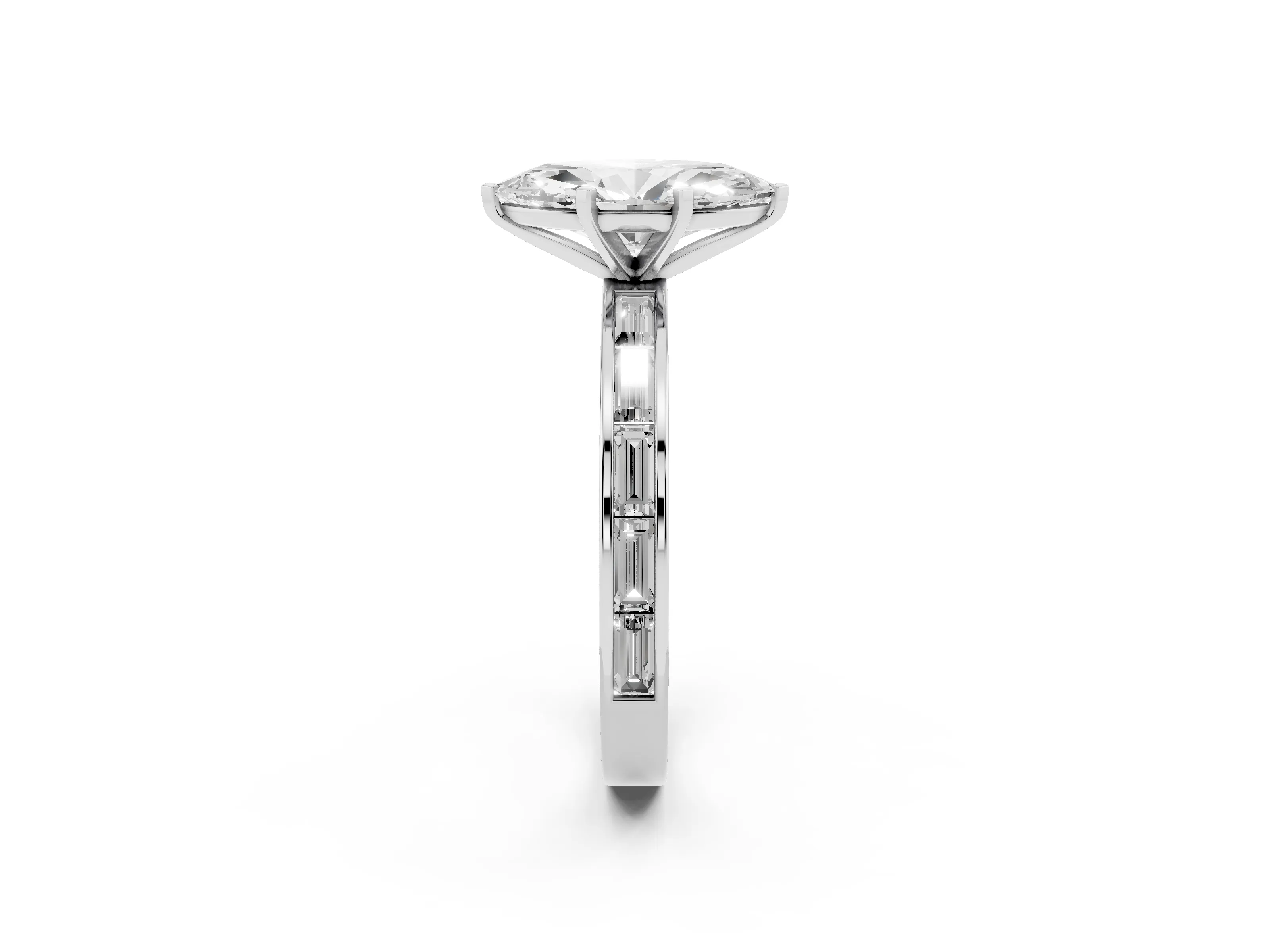 Marquise Cut Diamond Solitaire Ring Set in White gold with Channel-Set Baguette Band and Prong Setting