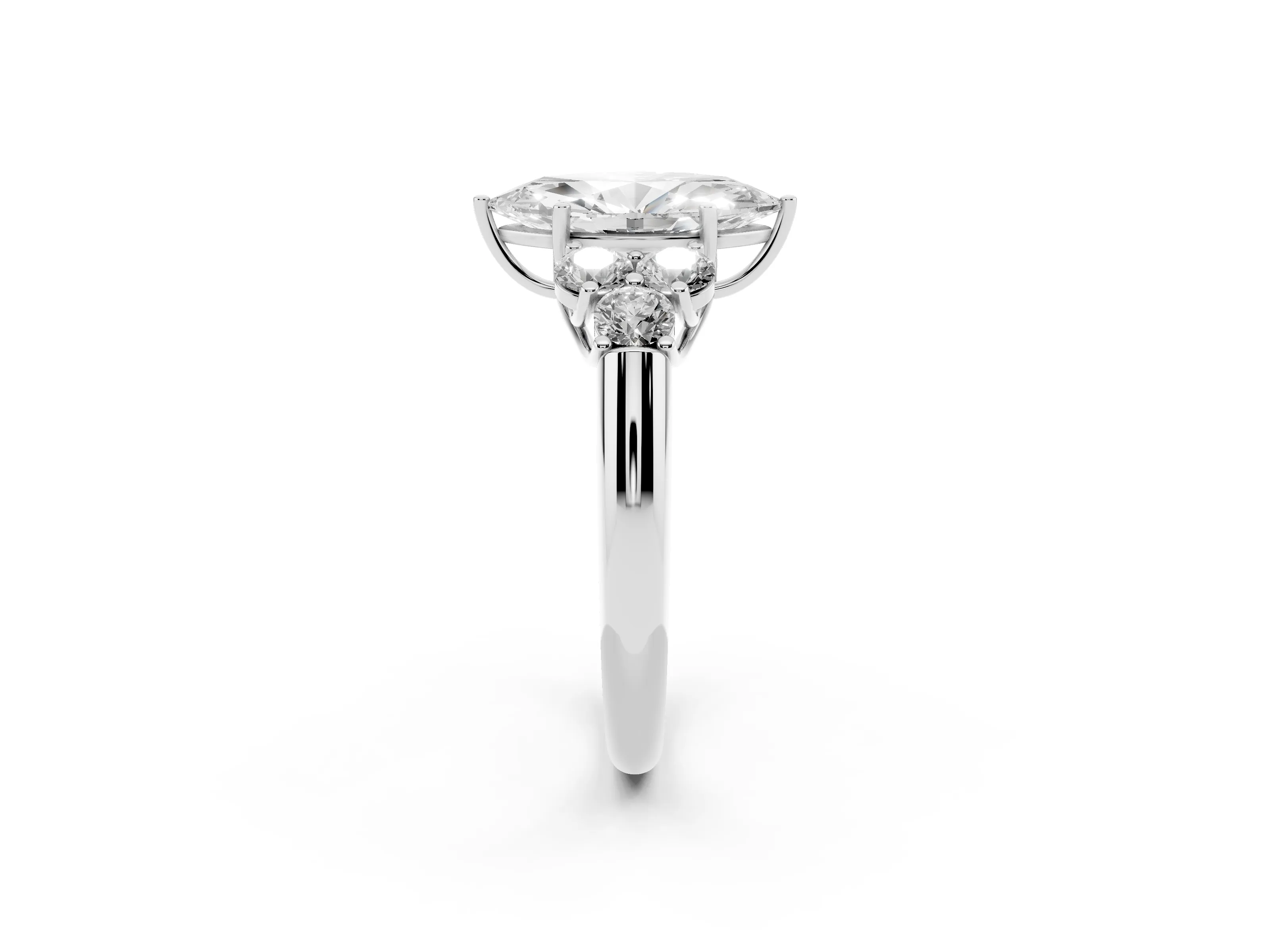 Marquise Cut Diamond Cluster Ring Set in Platinum with Round Accent Stones and Prong Setting on a Plain Band