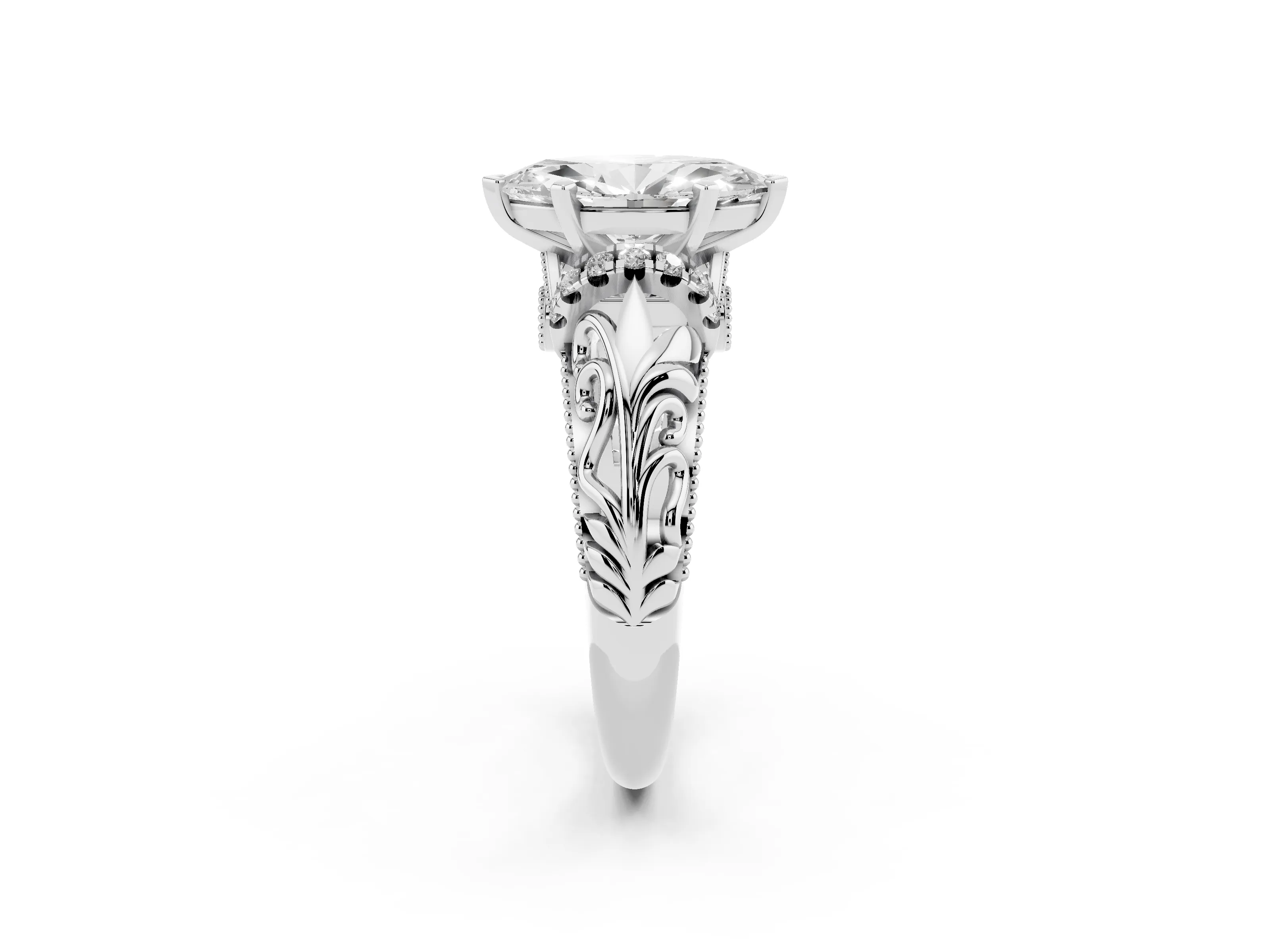 Marquise Cut Diamond Filigree Halo Engagement Ring Set in White gold with Prong Setting