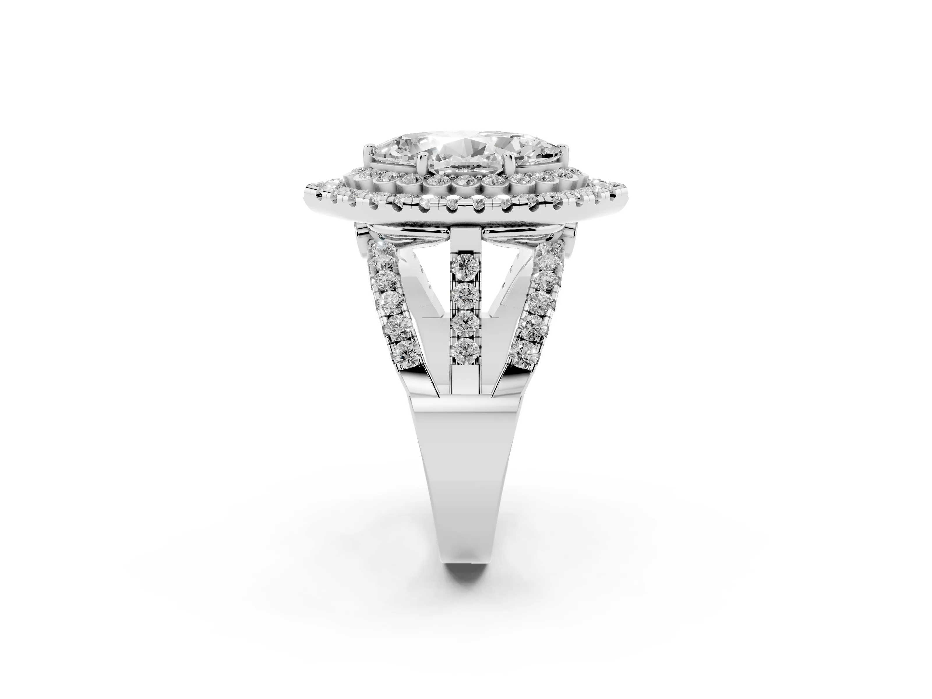 Marquise Cut Diamond Double Halo Ring Set in White gold with Round Pavé Split Shank
