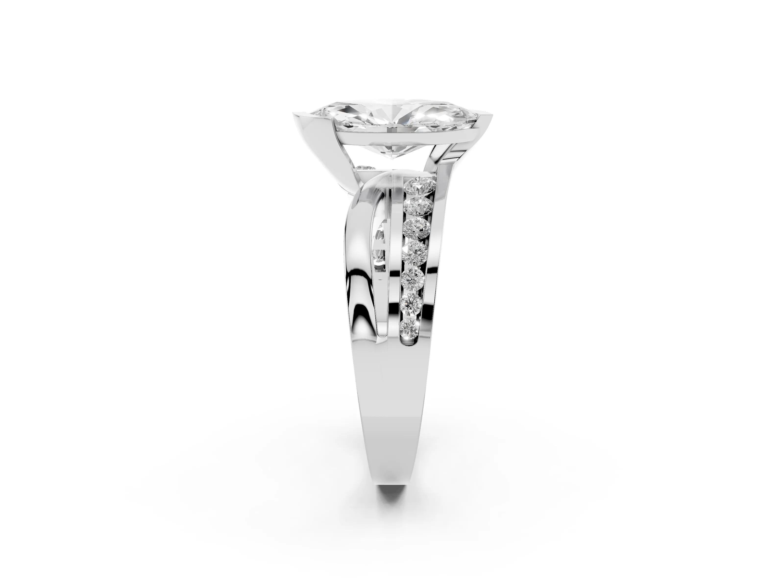 Marquise Cut Diamond Solitaire Ring Set in Platinum with Channel Set Split Shank and Tension Prongs