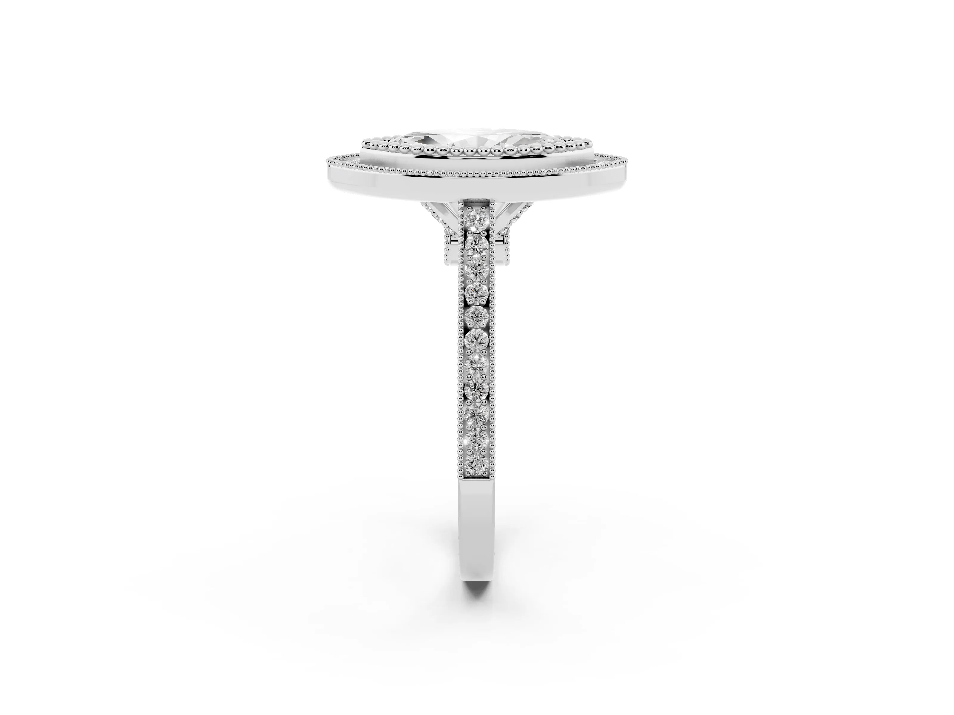 Marquise Cut Diamond Halo Ring Set in Silver with Milgrain Frame and Pavé Band