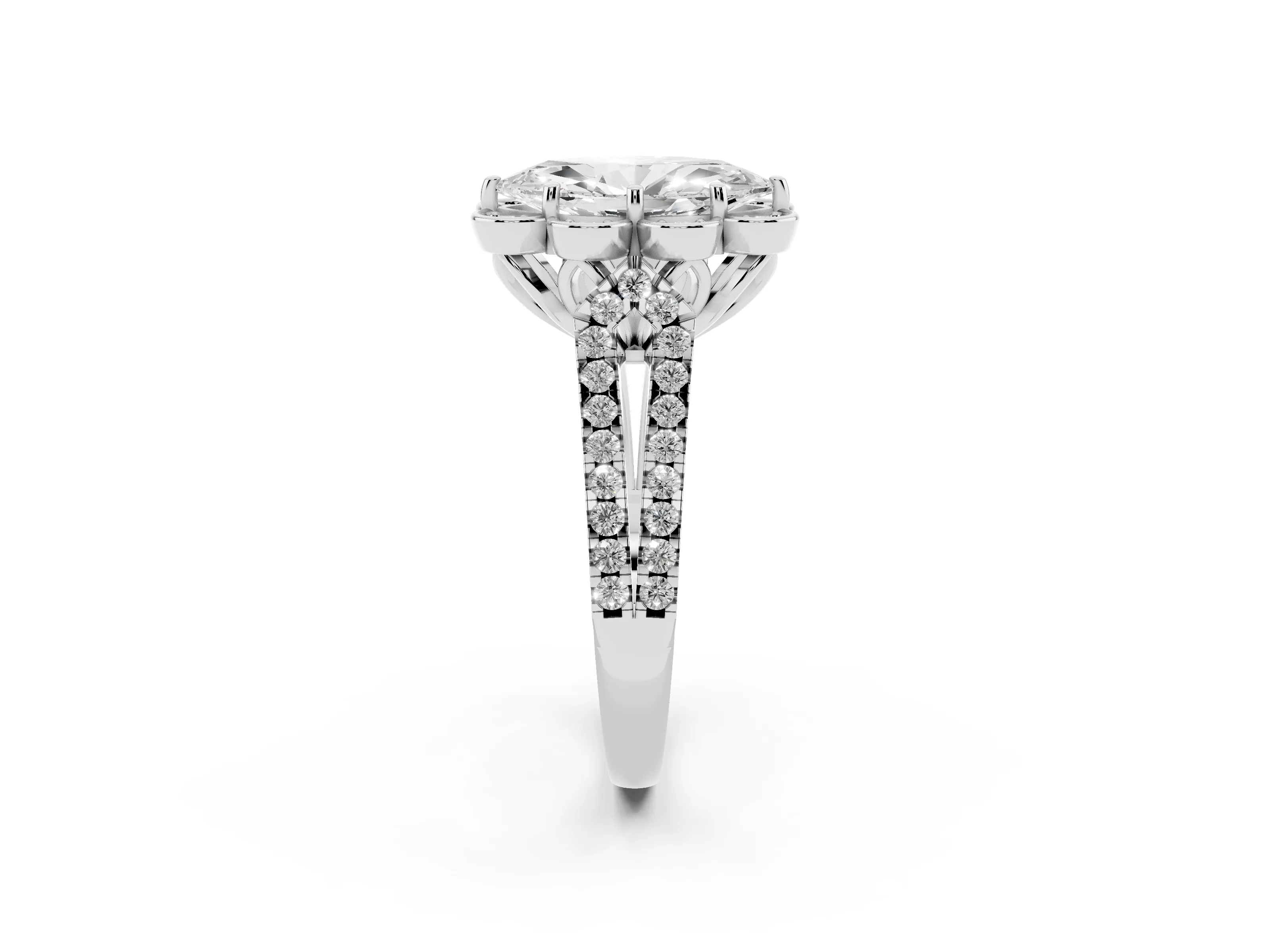 Marquise Cut Diamond Floral Halo Split Shank Engagement Ring Set in White gold with Pavé Shank