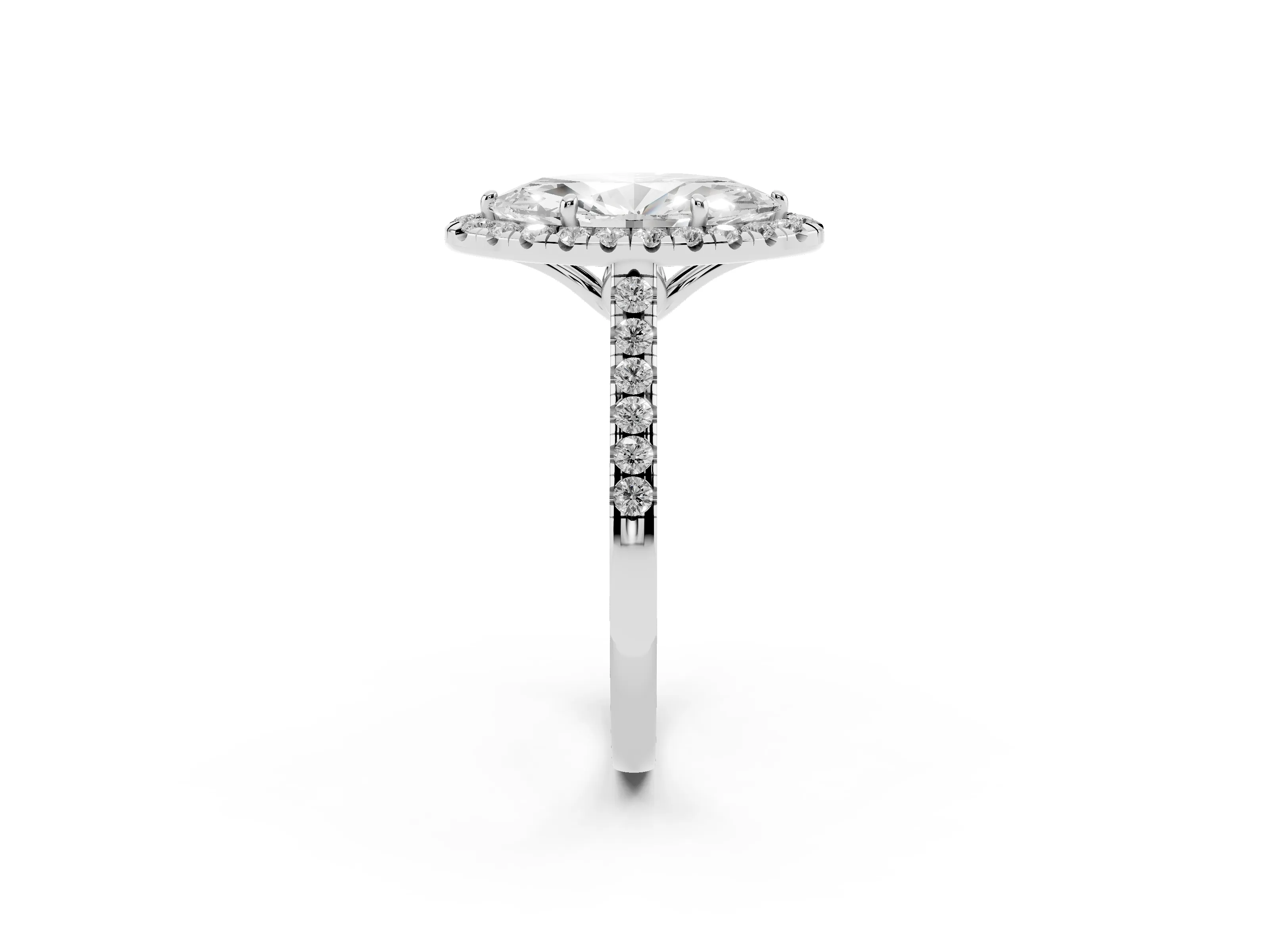 Marquise Cut Diamond Pavé Halo Engagement Ring Set in White gold with Pavé Band and Prong Setting