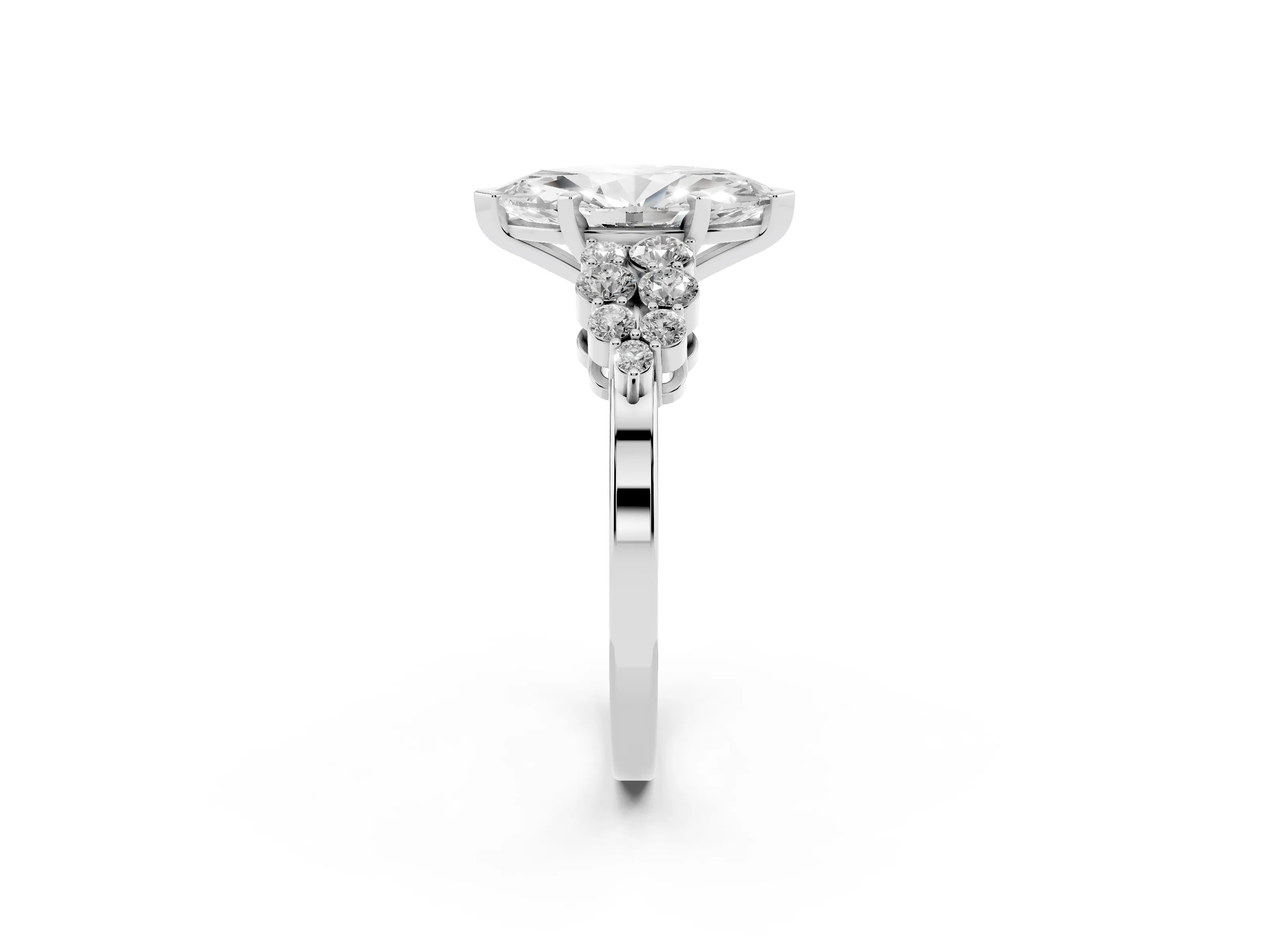 Marquise Cut Diamond Cluster Engagement Ring Set in Silver with Pavé Band and Prong Setting