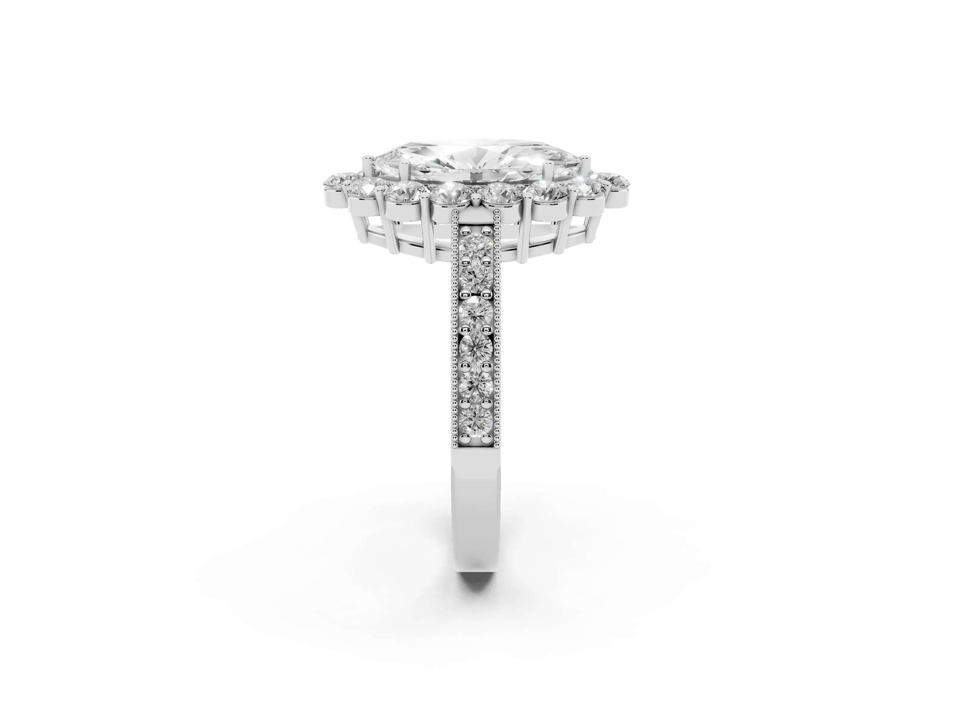 Marquise Cut Diamond Halo Pavé Engagement Ring Set in White gold with Milgrain Detailing