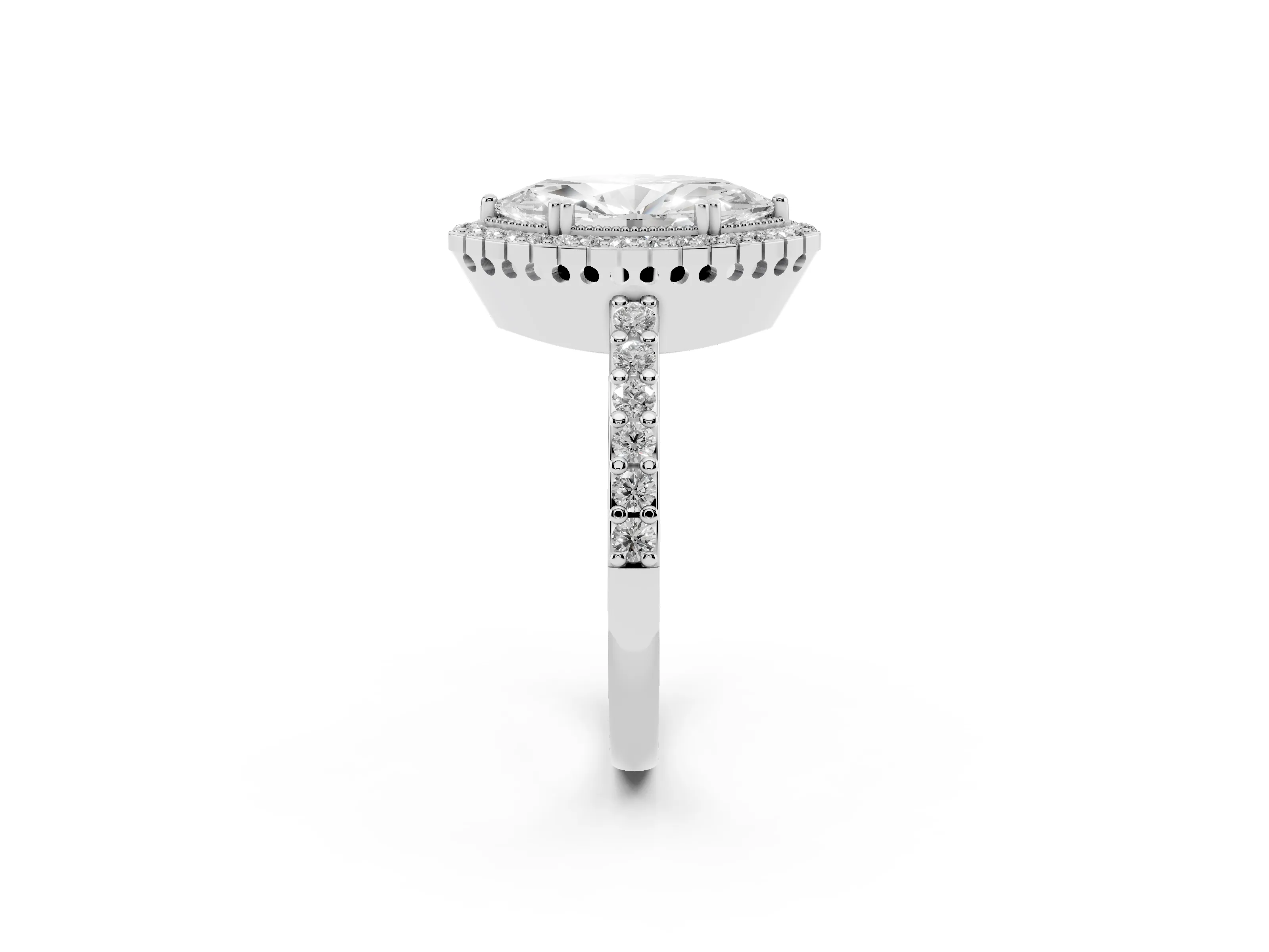 Marquise Cut Diamond Halo Engagement Ring Set in Platinum with Milgrain Detail and Pavé Band