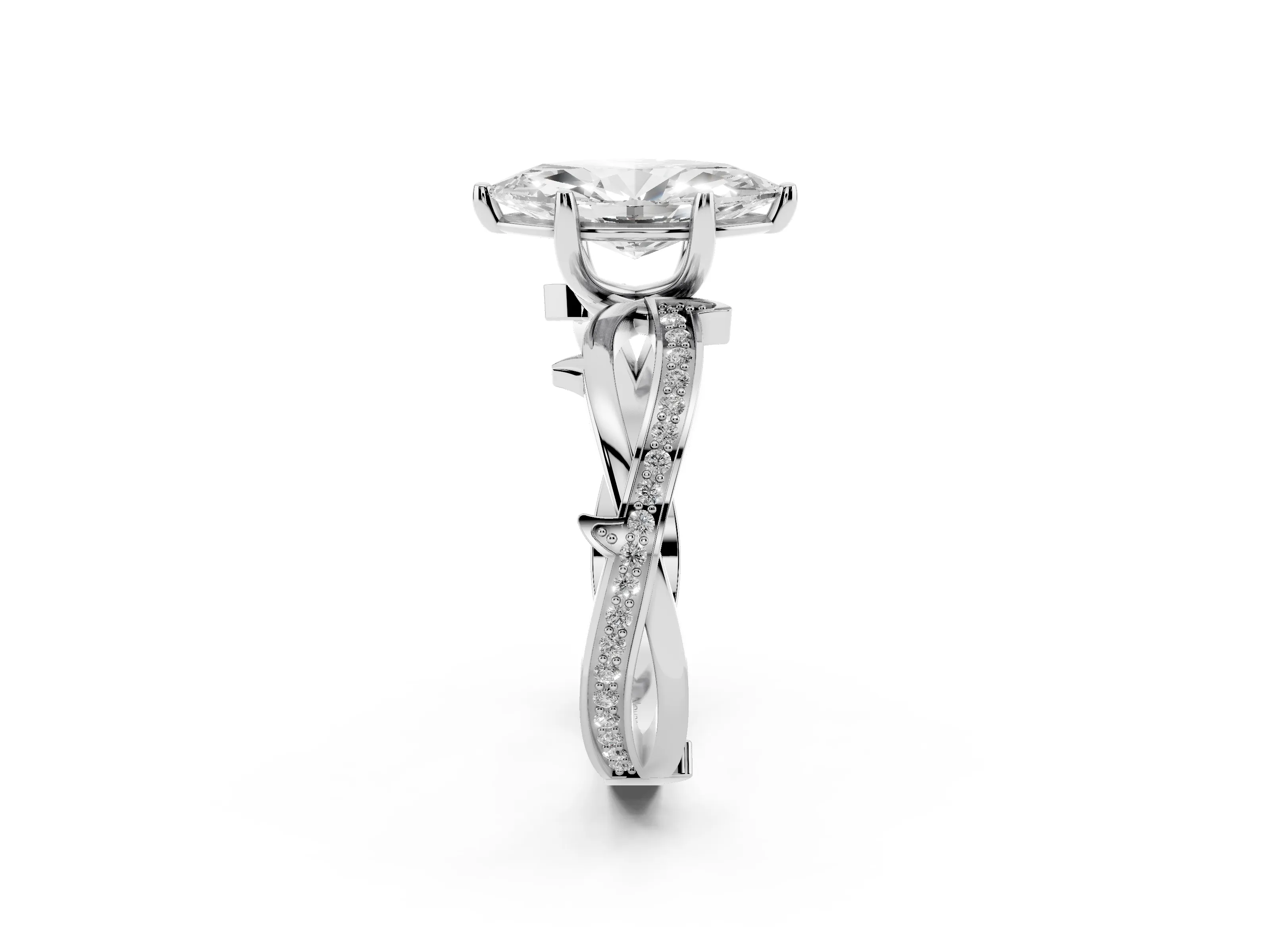 Marquise Cut Diamond Pavé Twist Band Solitaire Ring Set in White gold with Prong Setting