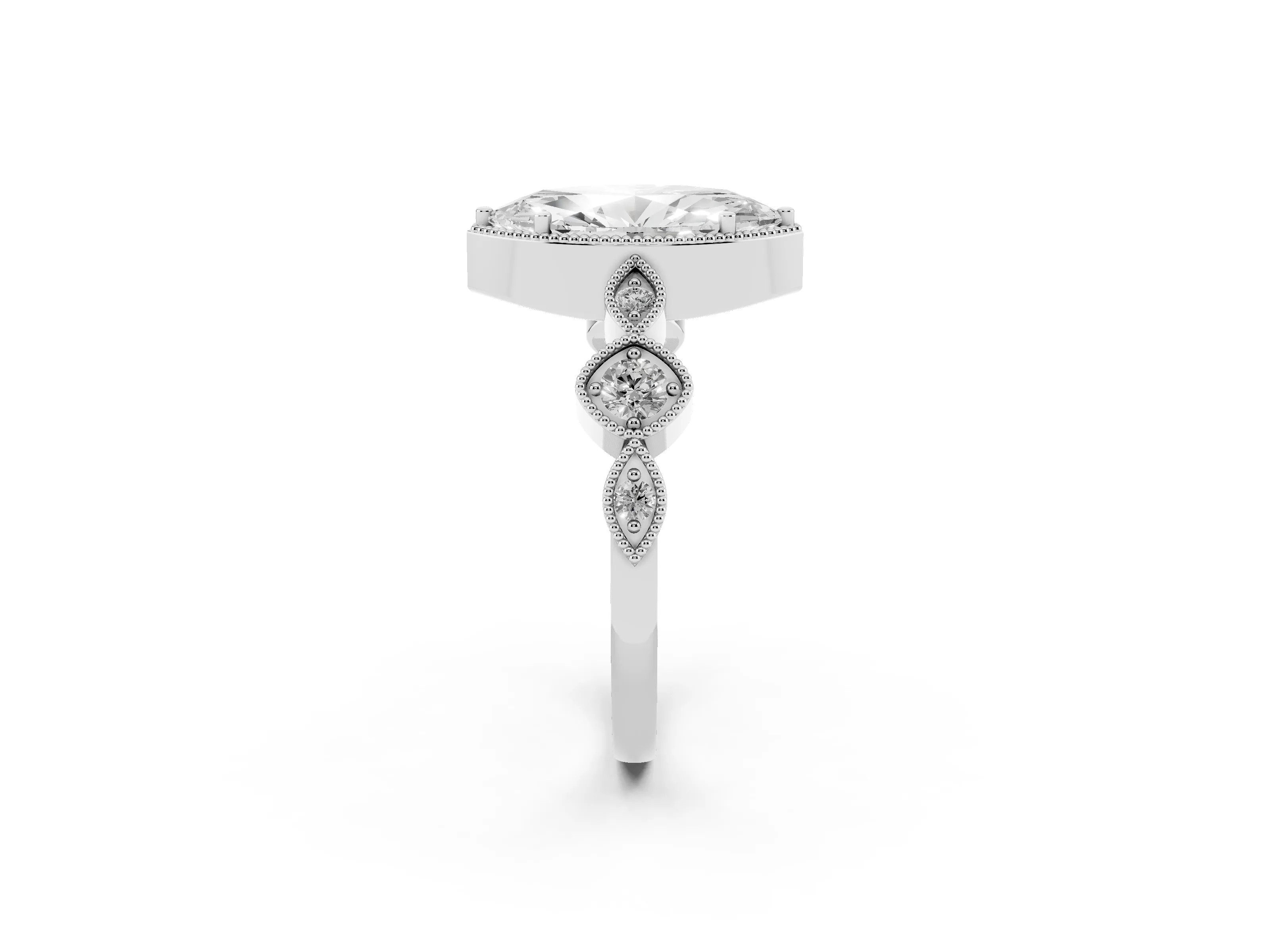 Marquise Cut Diamond Vintage-Inspired Milgrain Ring Set in White gold with Marquise Stations of Round Accents